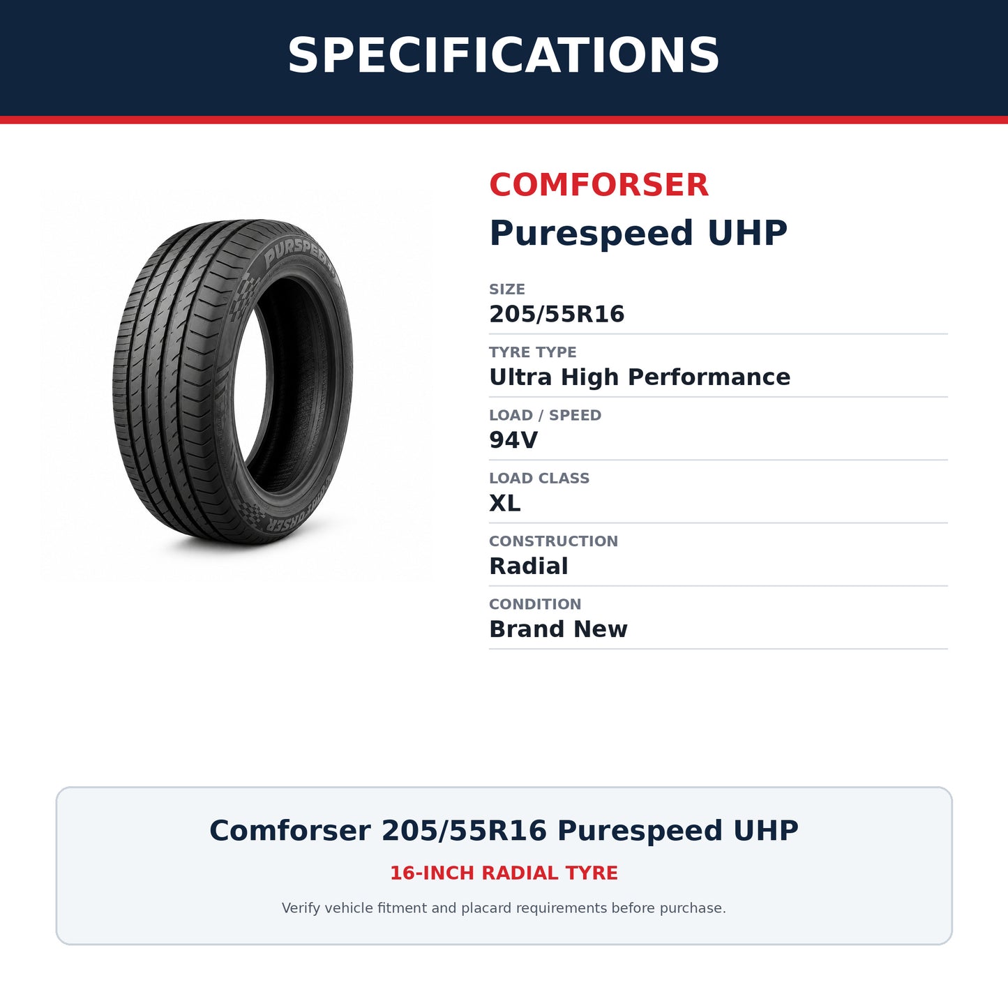 Comforser 205/55R16 Purespeed UHP Ultra High Performance Tyre 94V XL Zoom Tyres Otahuhu