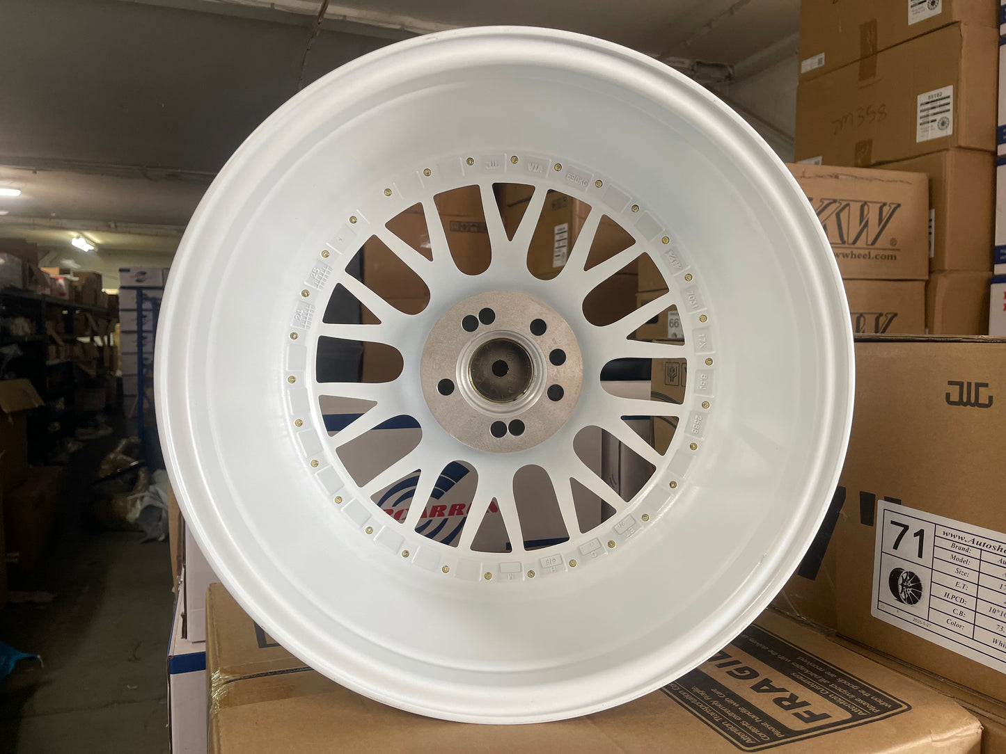 17x8.5 White Alloy Wheels 4x100 / 5x100 ET20 Gold Rivets – Set of 4