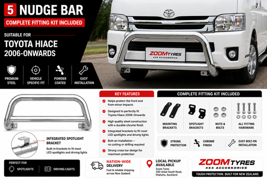 Nudge Bar with Spotlight Brackets Suitable for Toyota Hiace 2006-2018 Chrome Zoom Tyres Otahuhu