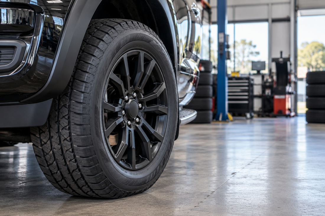 SUV or ute fitted with a 20-inch tyre and black alloy wheel