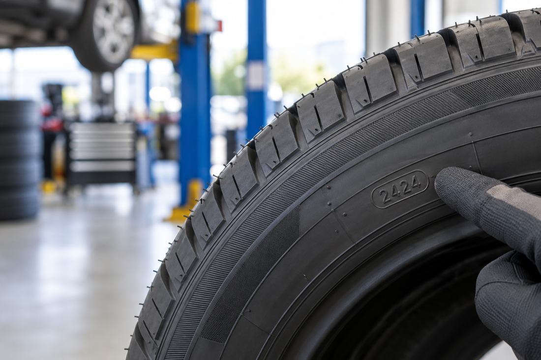 Close-up of a new tyre showing a four-digit manufacturing date code