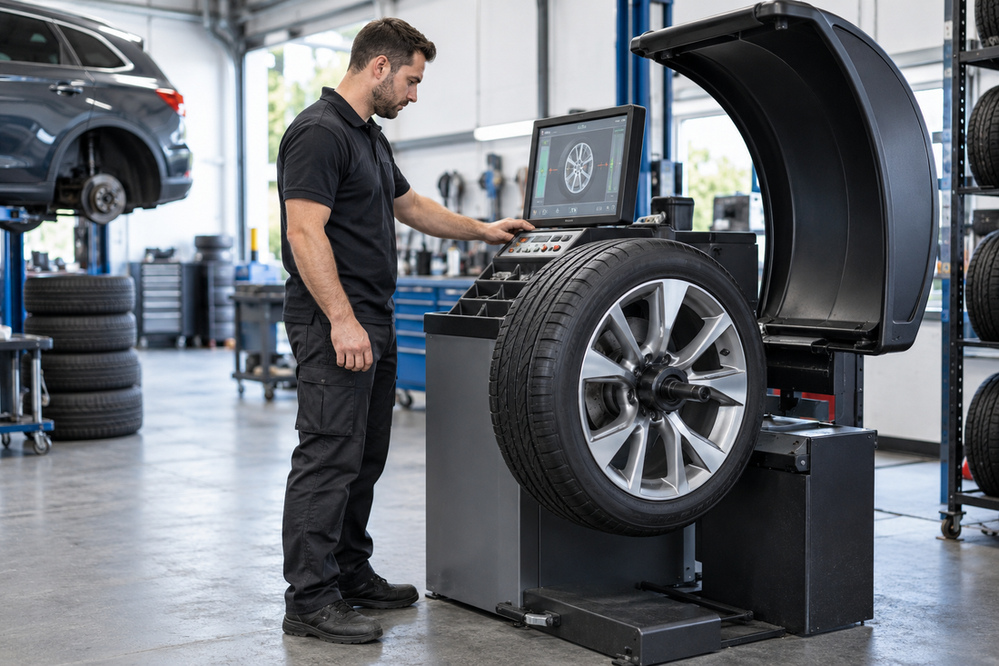Tyre technician balancing a wheel at an Auckland tyre workshop