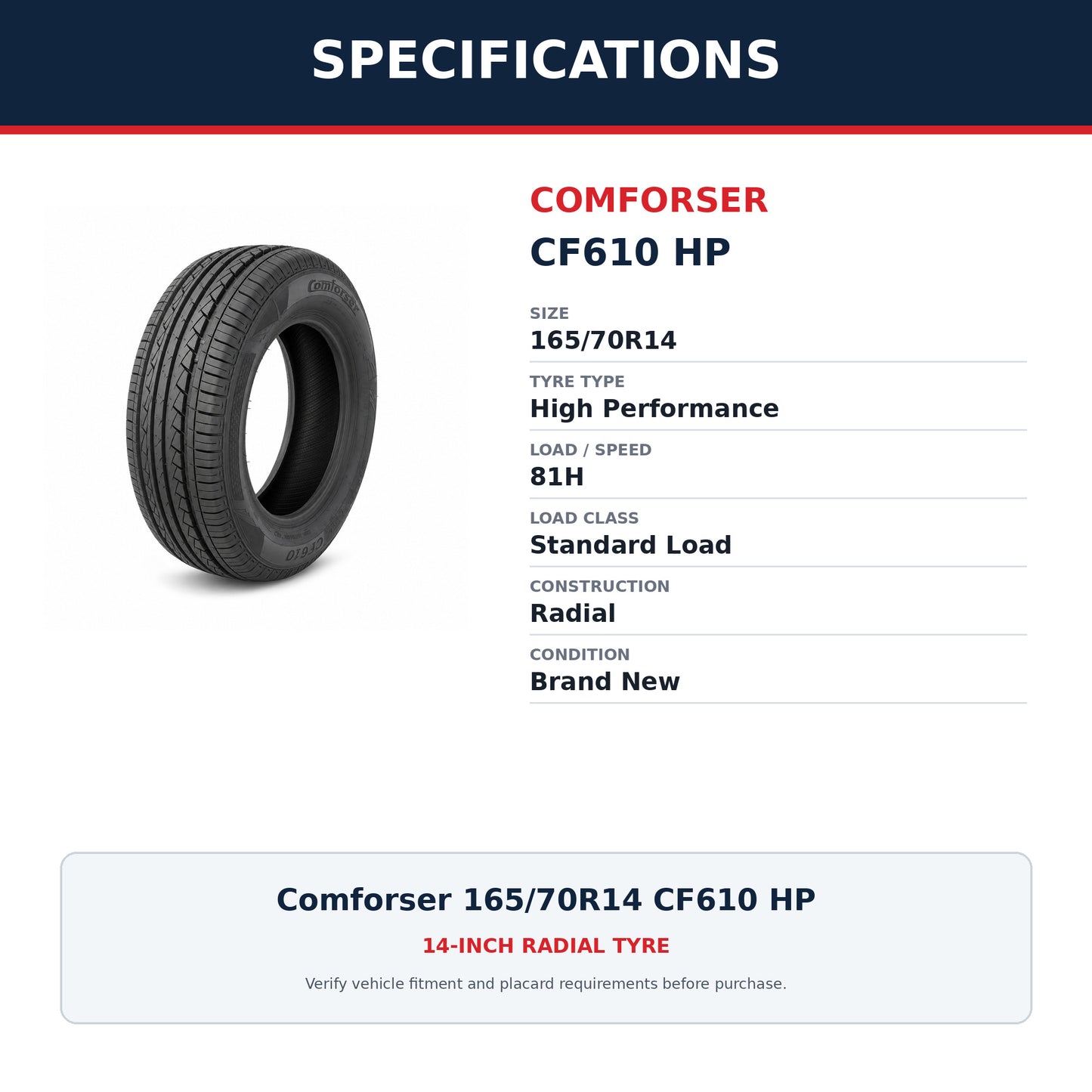 Comforser 165/70R14 CF610 HP High Performance Tyre 81H Zoom Tyres Otahuhu
