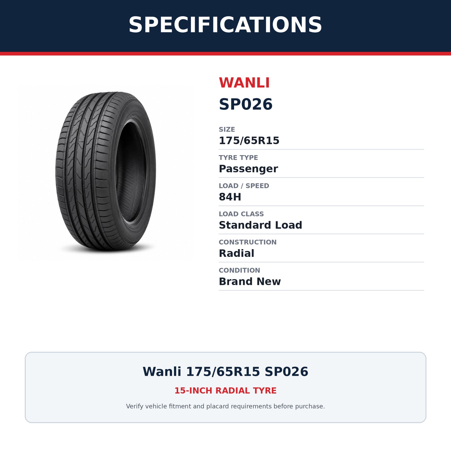 Wanli 175/65R15 SP026 Passenger Tyre 84H Zoom Tyres Otahuhu
