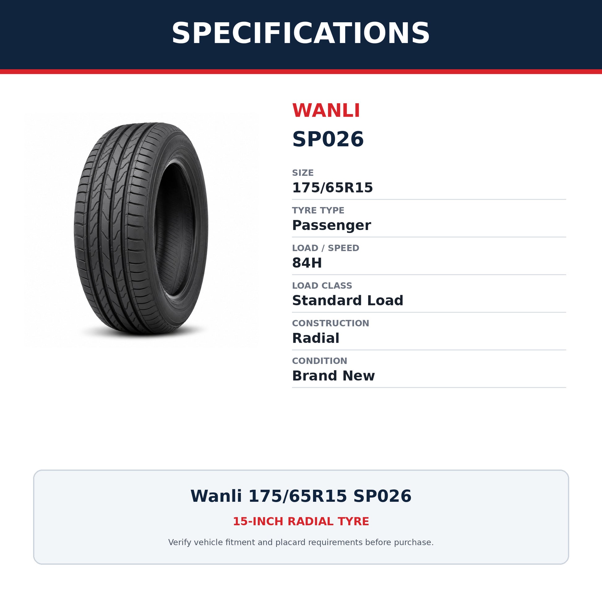 Wanli 175/65R15 SP026 Passenger Tyre 84H Zoom Tyres Otahuhu