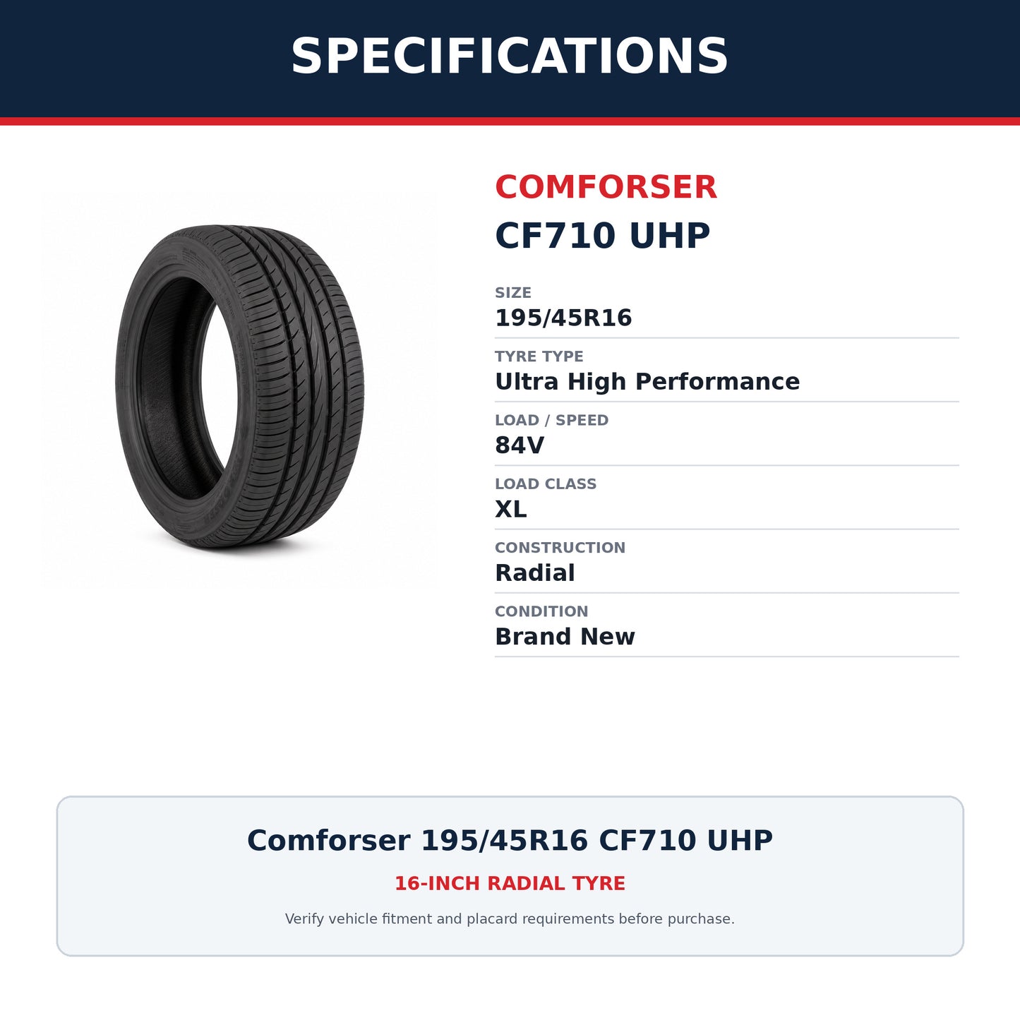 Comforser 195/45R16 CF710 UHP Ultra High Performance Tyre 84V XL Zoom Tyres Otahuhu