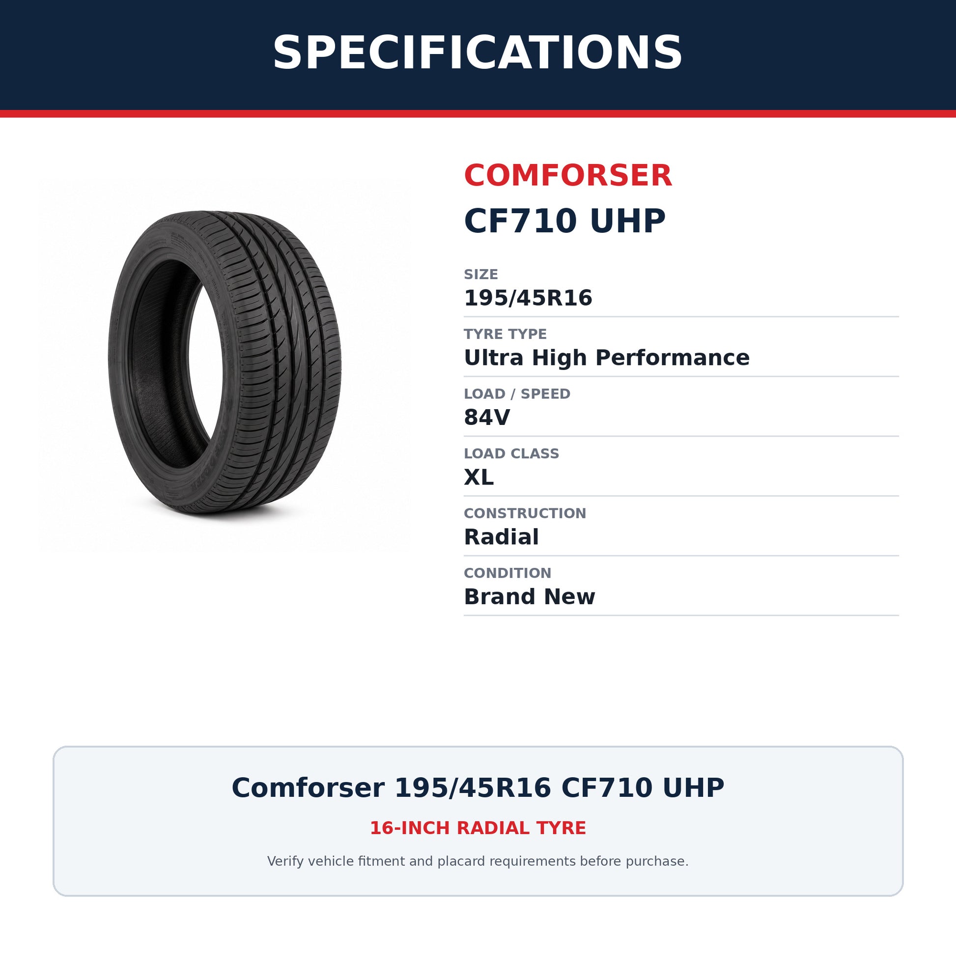 Comforser 195/45R16 CF710 UHP Ultra High Performance Tyre 84V XL Zoom Tyres Otahuhu
