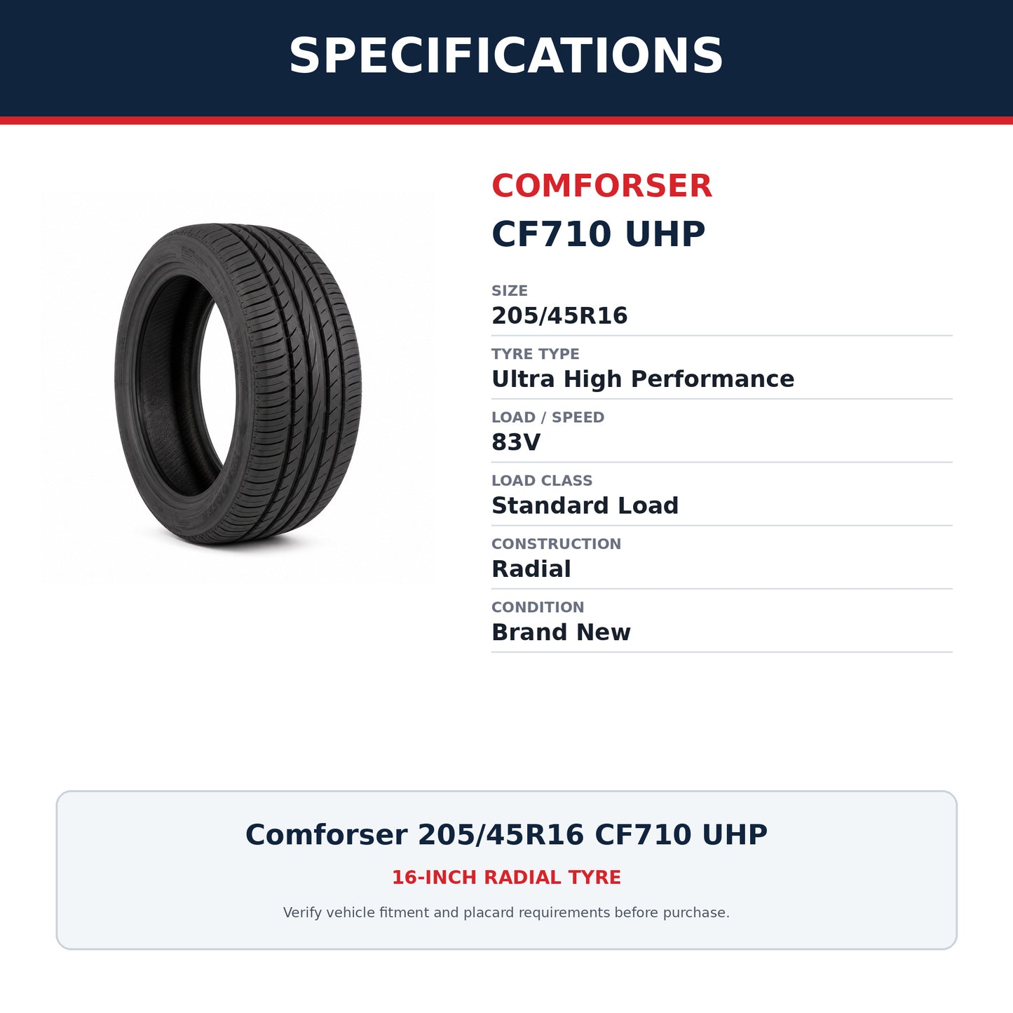 Comforser 205/45R16 CF710 UHP Ultra High Performance Tyre 83V Zoom Tyres Otahuhu