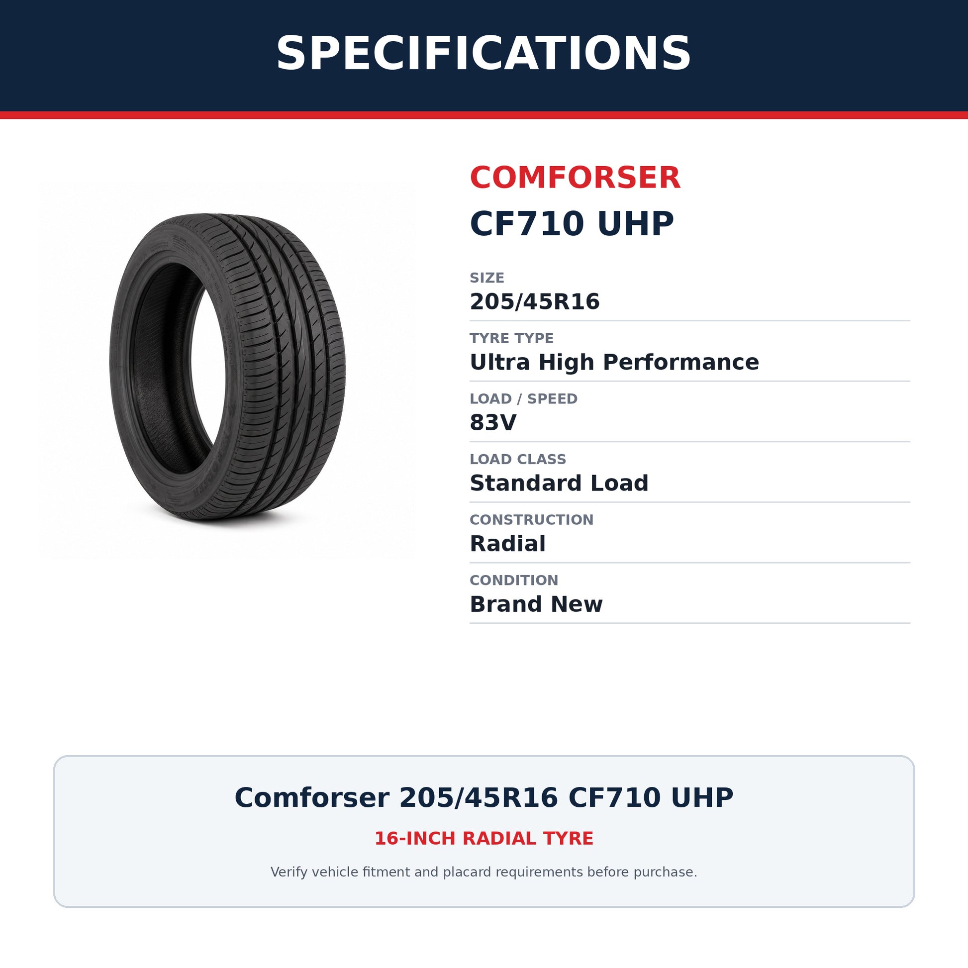 Comforser 205/45R16 CF710 UHP Ultra High Performance Tyre 83V Zoom Tyres Otahuhu