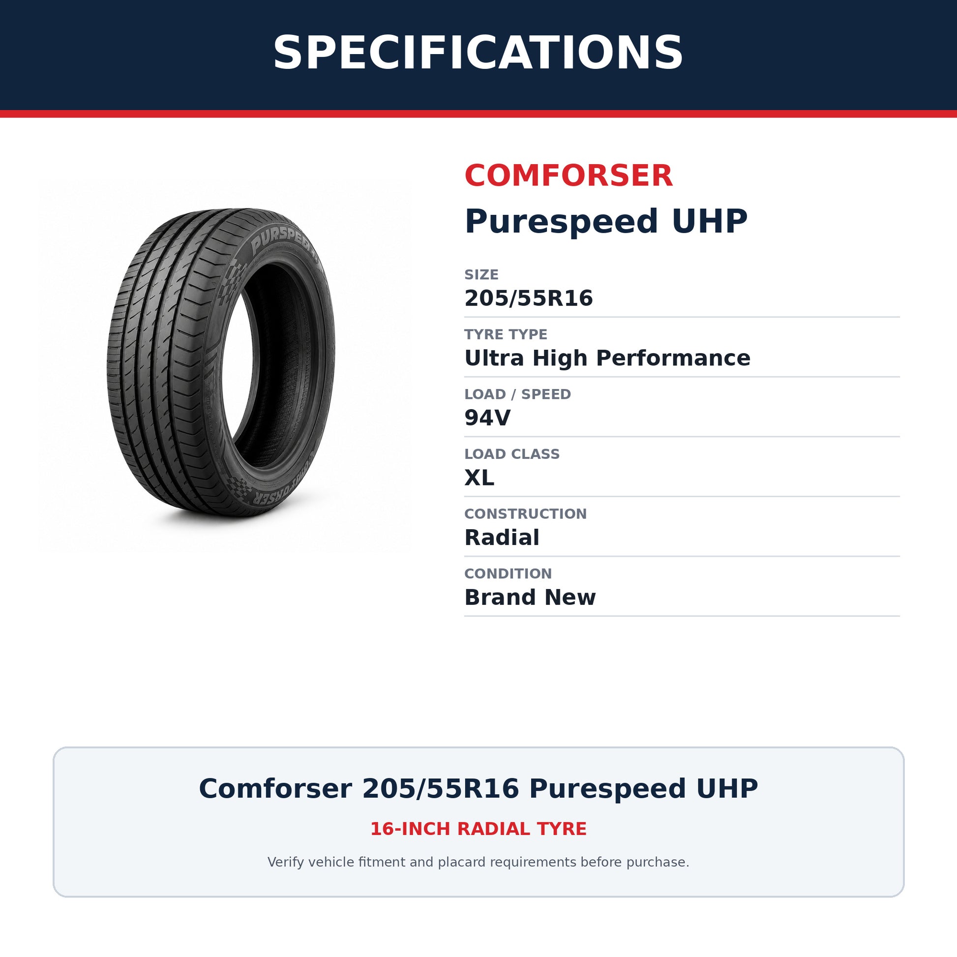 Comforser 205/55R16 Purespeed UHP Ultra High Performance Tyre 94V XL Zoom Tyres Otahuhu