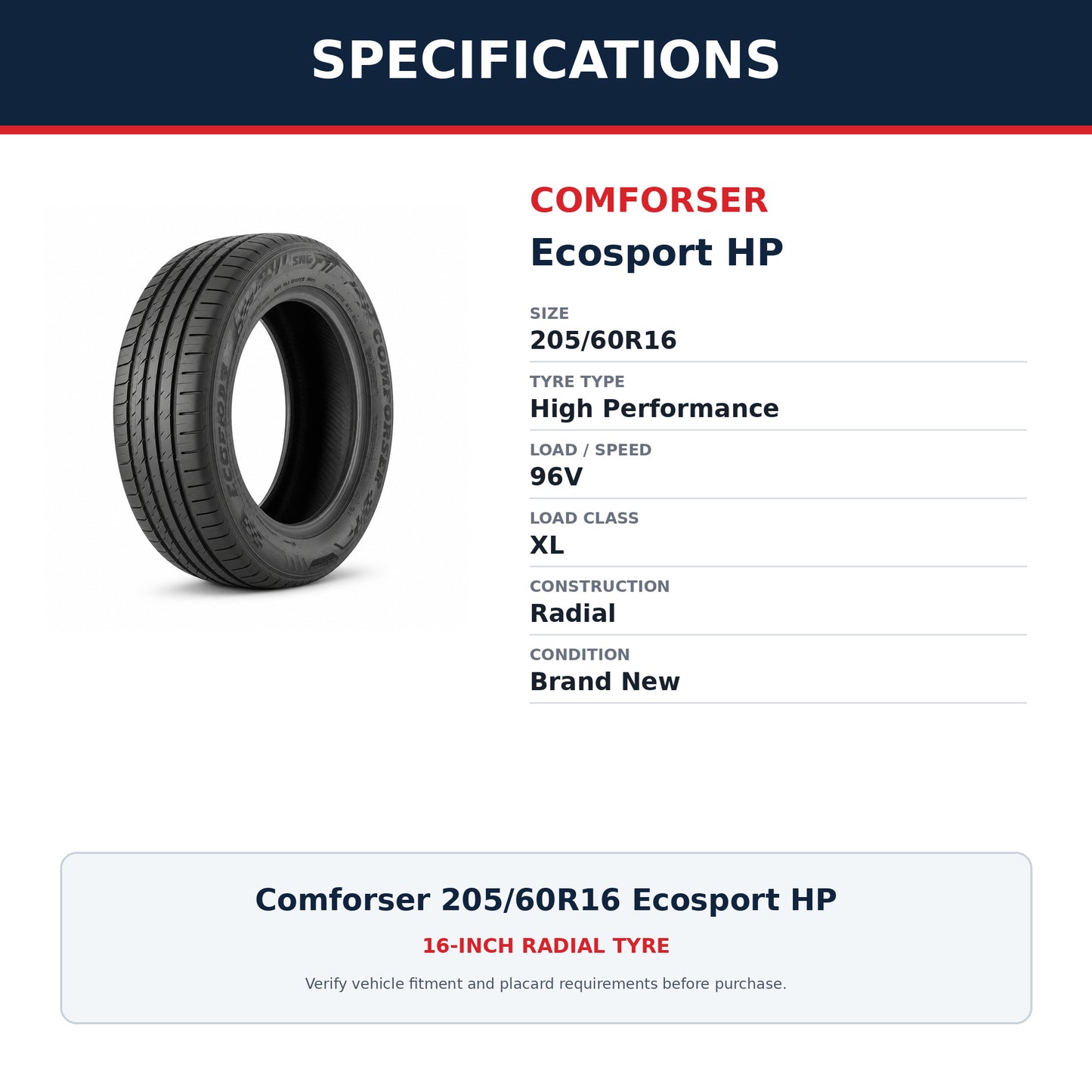 Comforser 205/60R16 Ecosport HP High Performance Tyre 96V XL Zoom Tyres Otahuhu