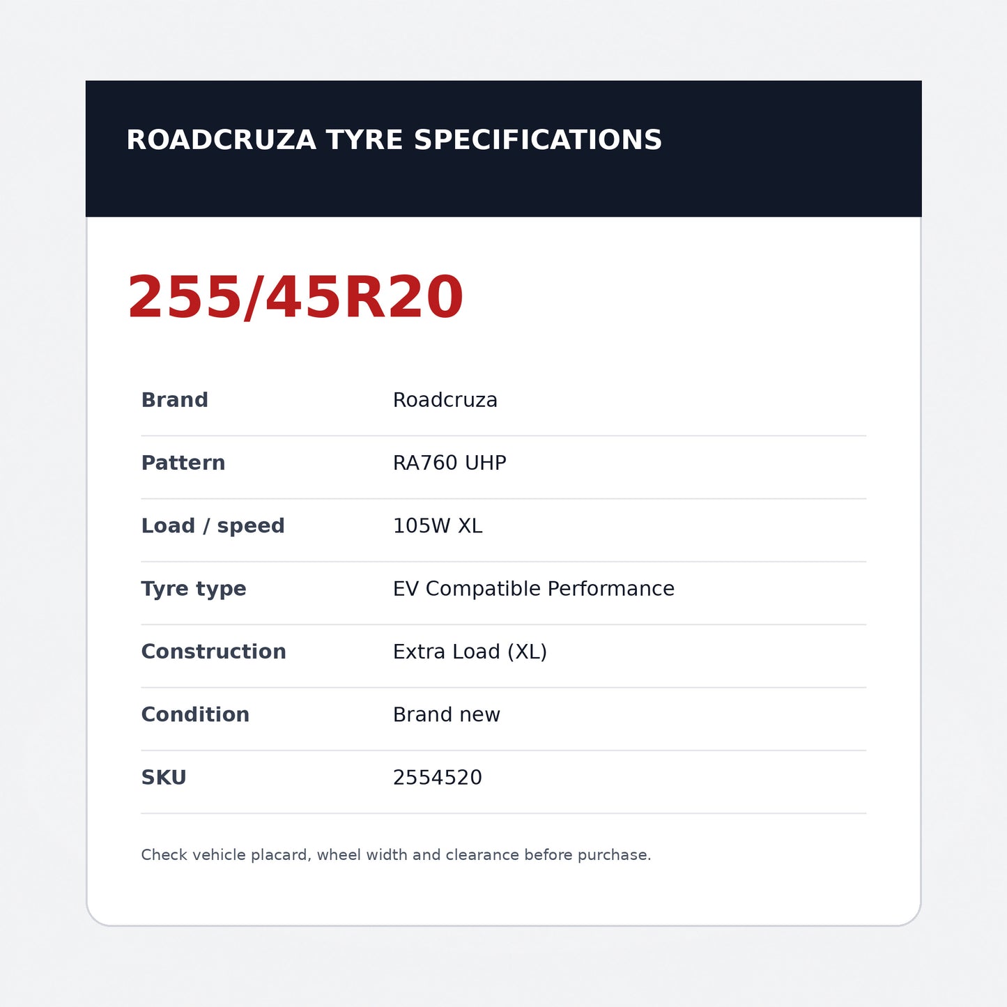 255/45R20 105W XL – Roadcruza New Tyre EV Compatible  High Perform | Extra Load Zoom Tyres Otahuhu