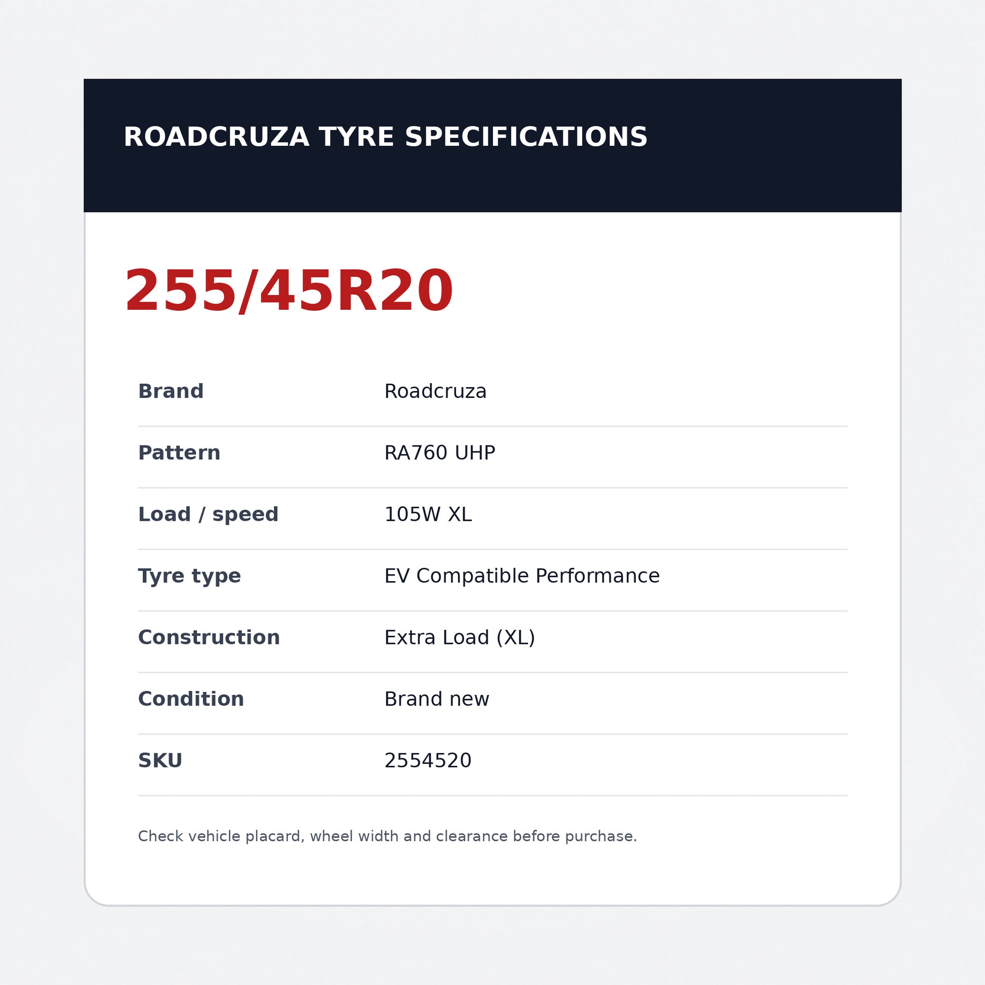 255/45R20 105W XL – Roadcruza New Tyre EV Compatible  High Perform | Extra Load Zoom Tyres Otahuhu
