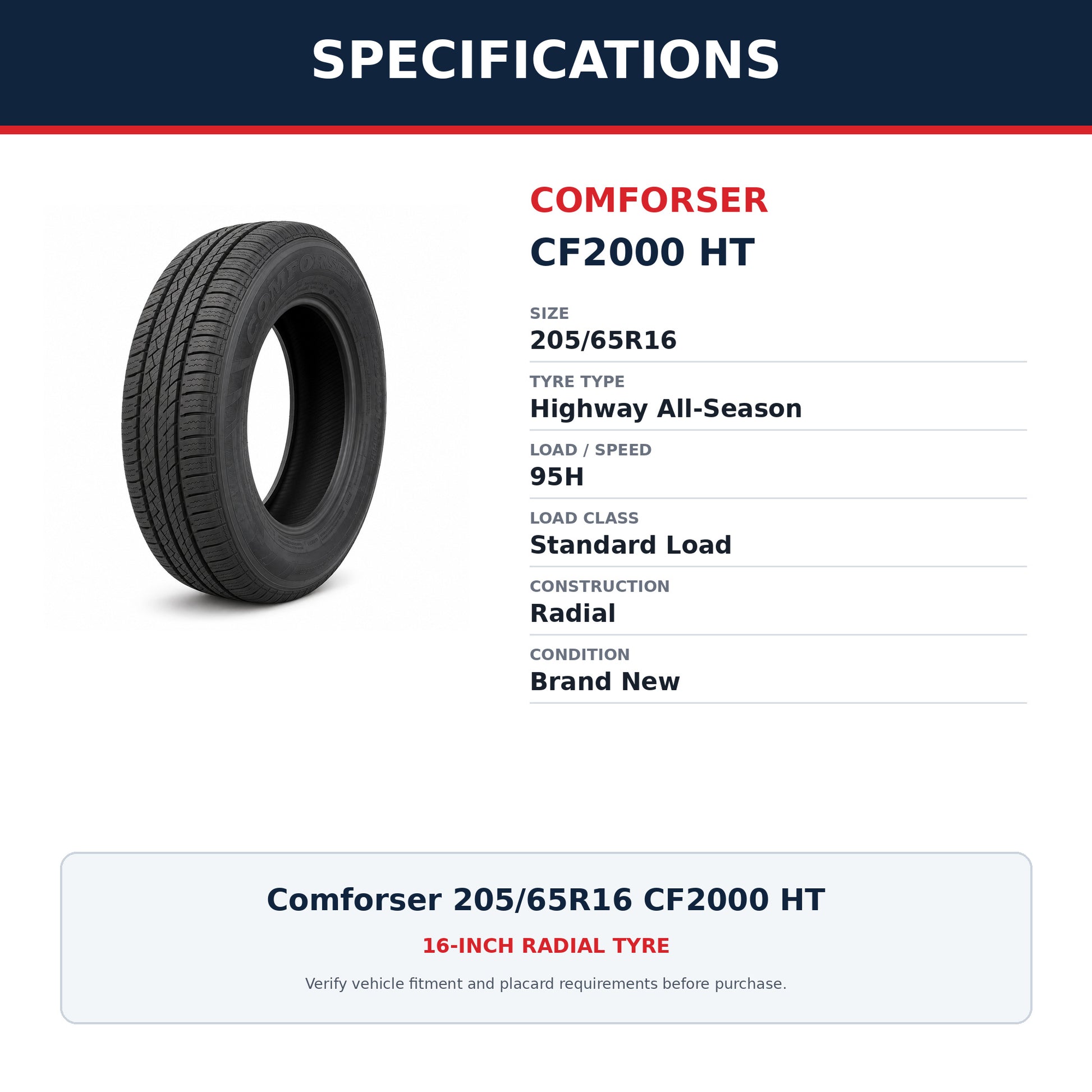 Comforser 205/65R16 CF2000 HT Highway All-Season Tyre 95H Zoom Tyres Otahuhu