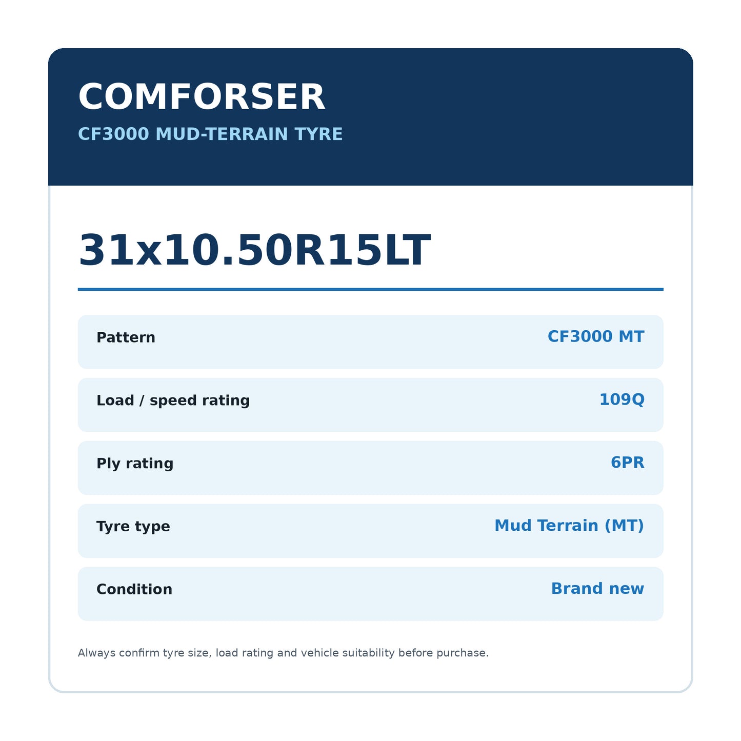 Comforser 31x10.50R15LT CF3000 MT 109Q 6PR Mud Terrain Tyre Zoom Tyres Otahuhu