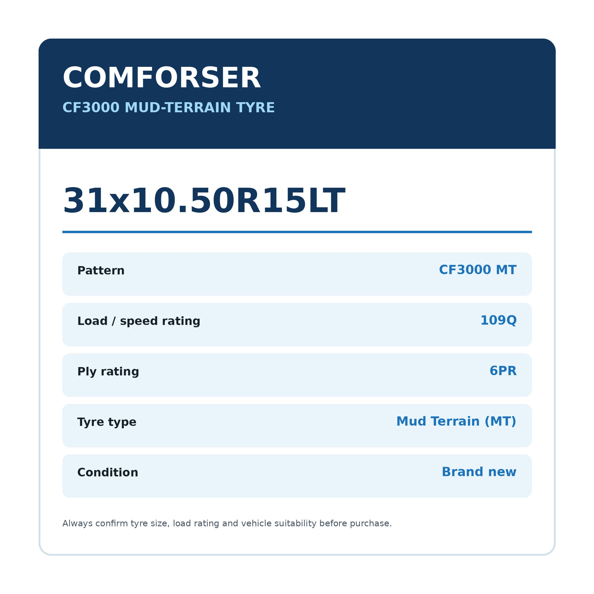 Comforser 31x10.50R15LT CF3000 MT 109Q 6PR Mud Terrain Tyre Zoom Tyres Otahuhu
