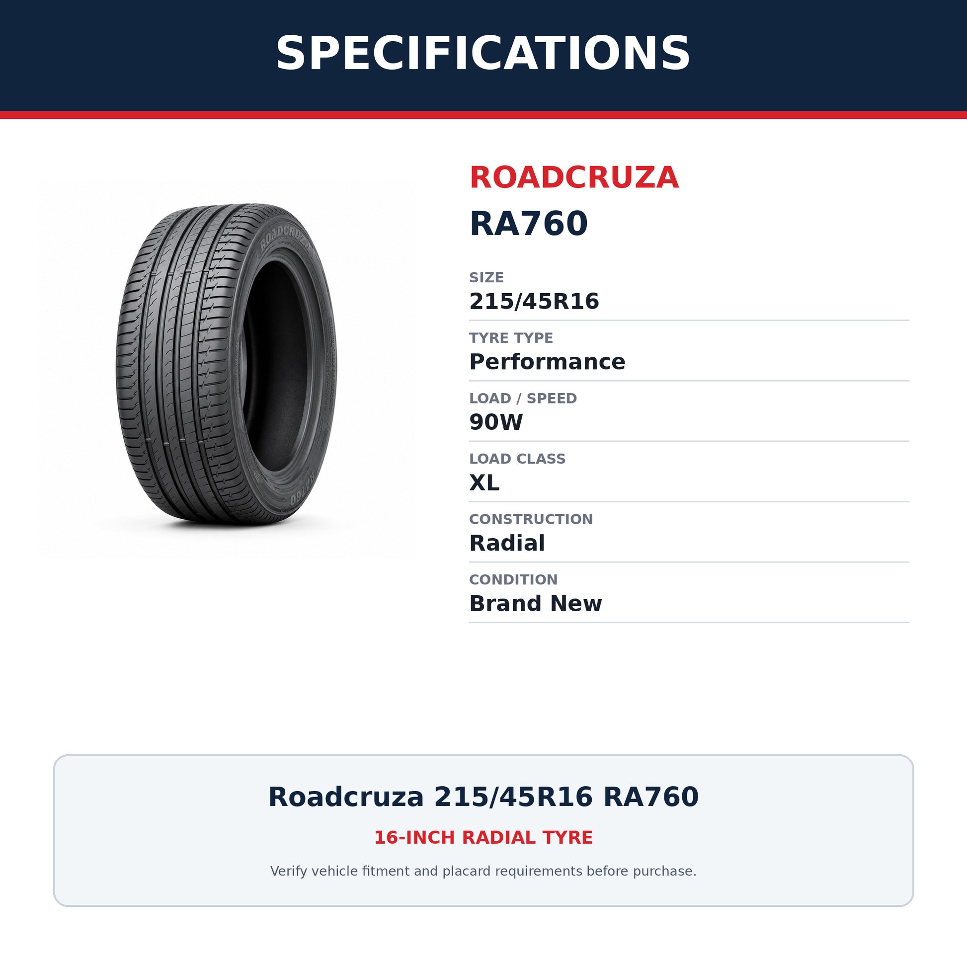 Roadcruza 215/45R16 RA760 Performance Tyre 90W XL Zoom Tyres Otahuhu