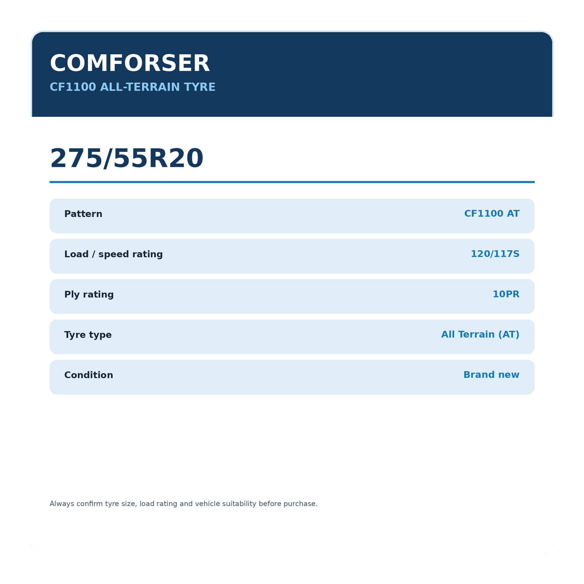 Comforser 275/55R20 CF1100 All-Terrain Tyre 120/117S 10PR Zoom Tyres Otahuhu