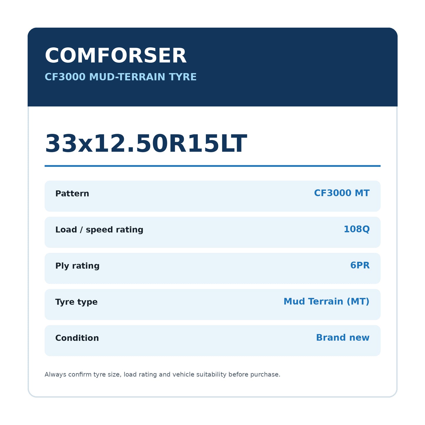 Comforser 33x12.50R15LT CF3000 MT 108Q 6PR Mud Terrain Tyre Zoom Tyres Otahuhu