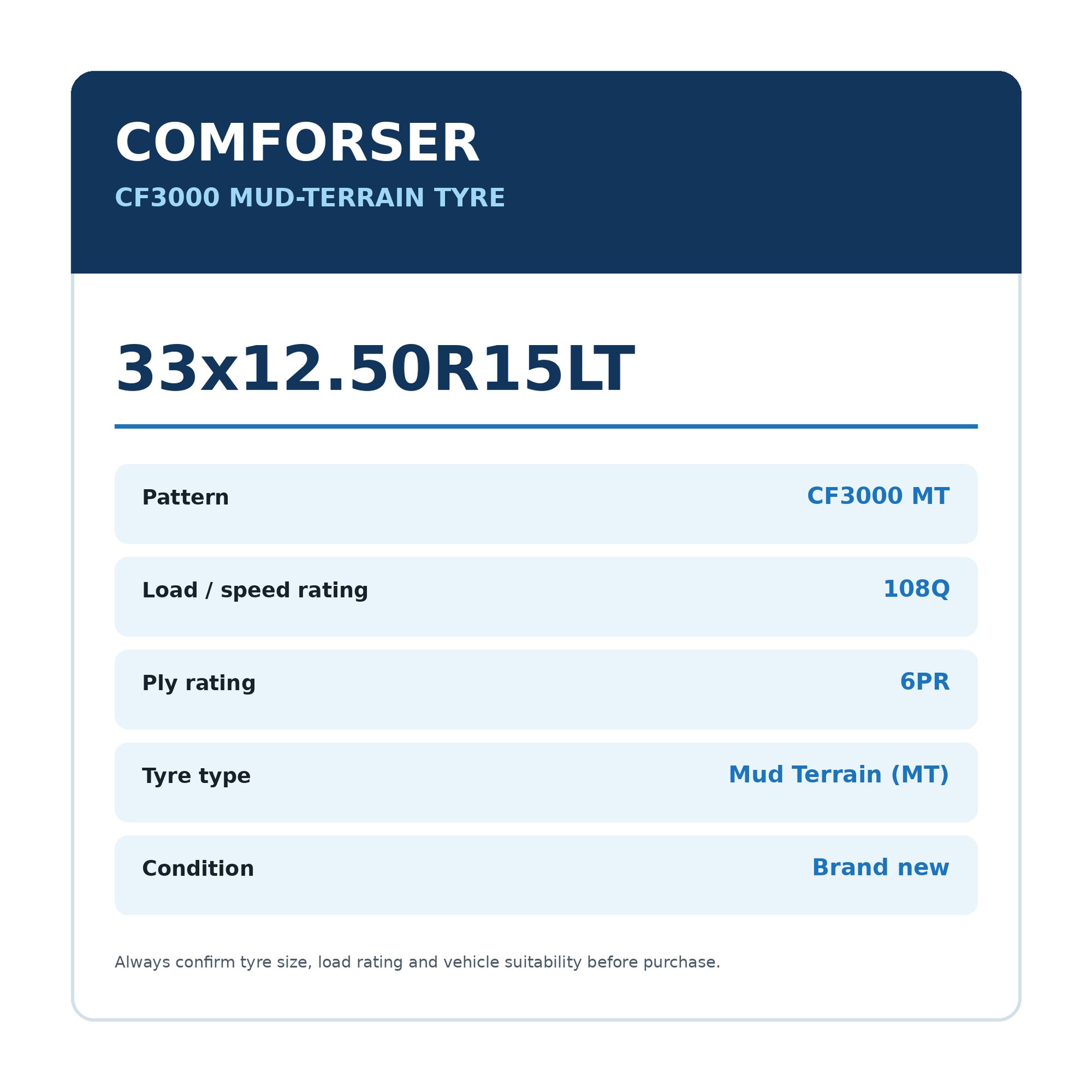 Comforser 33x12.50R15LT CF3000 MT 108Q 6PR Mud Terrain Tyre Zoom Tyres Otahuhu