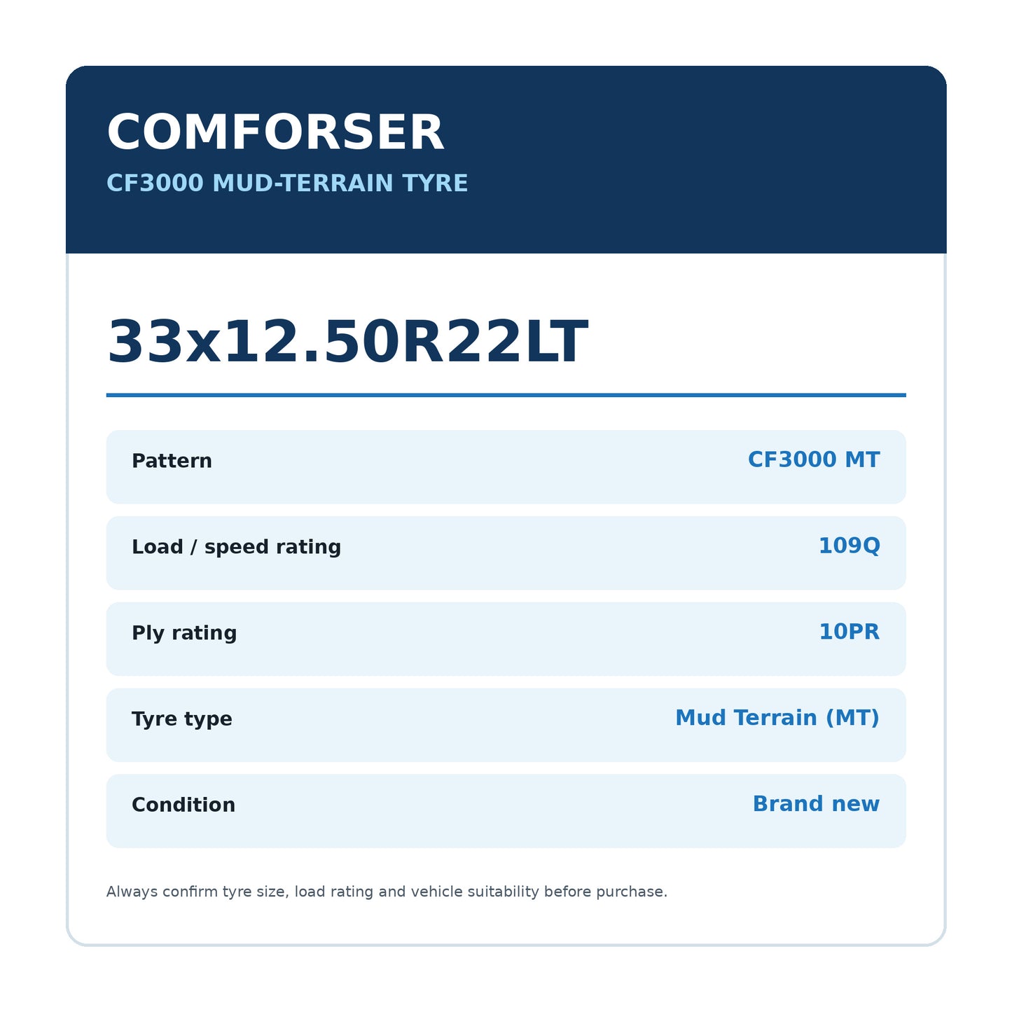 Comforser 33x12.50R22LT CF3000 MT 109Q 10PR Mud Terrain Tyre Zoom Tyres Otahuhu