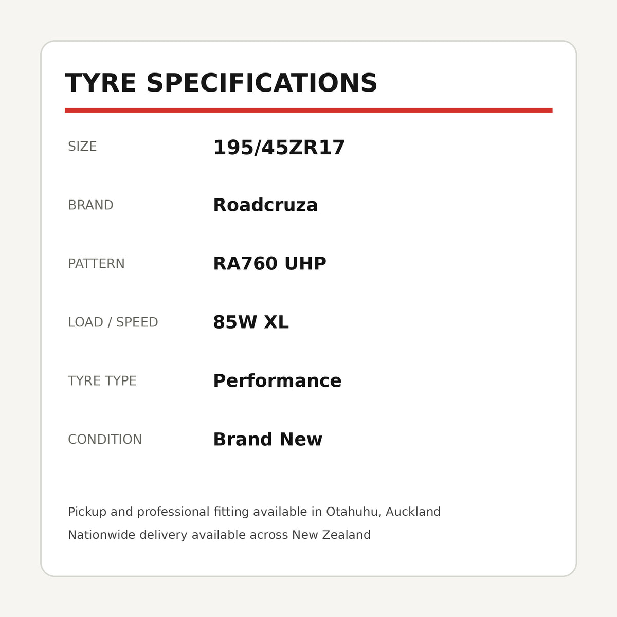 195/45ZR17 Roadcruza RA760 UHP Tyre 85W XL Zoom Tyres Otahuhu