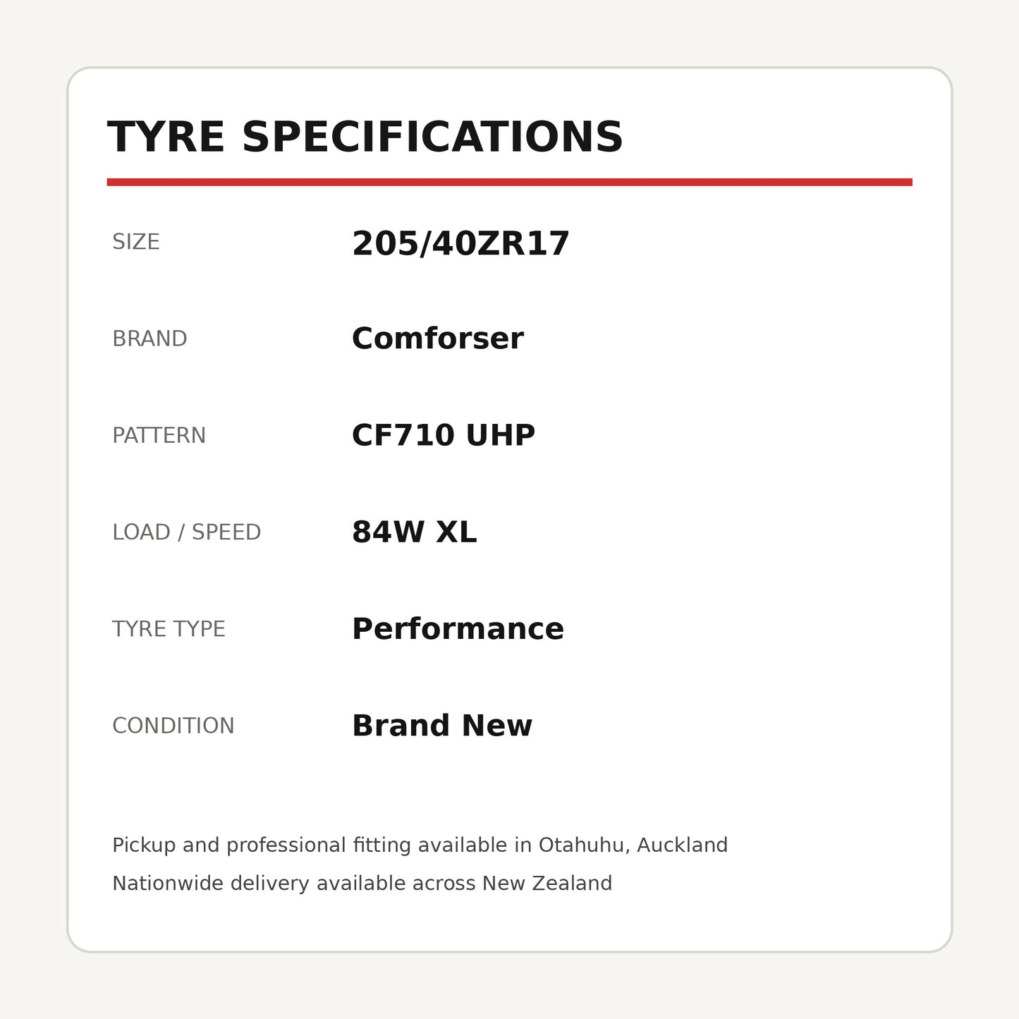 205/40ZR17 Comforser CF710 UHP Tyre 84W XL Zoom Tyres Otahuhu