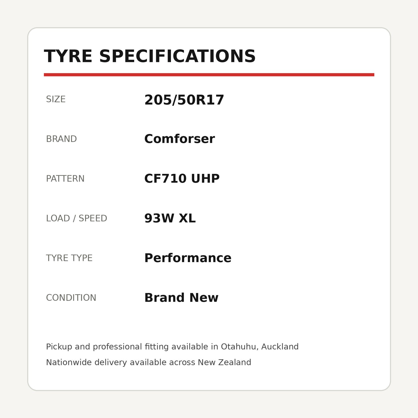 205/50R17 Comforser CF710 UHP Tyre 93W XL Zoom Tyres Otahuhu