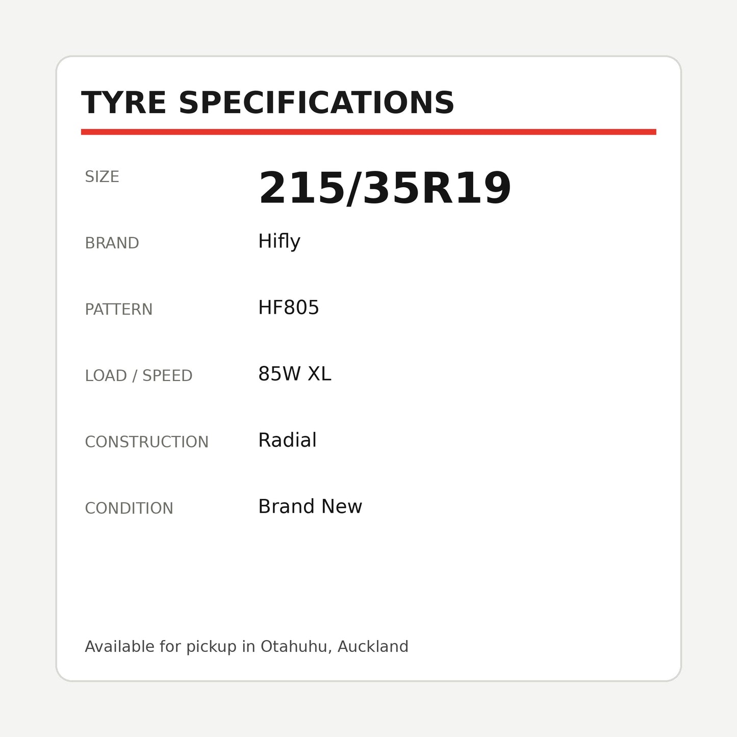 215/35R19 Hifly HF805 Tyre 85W XL Zoom Tyres Otahuhu