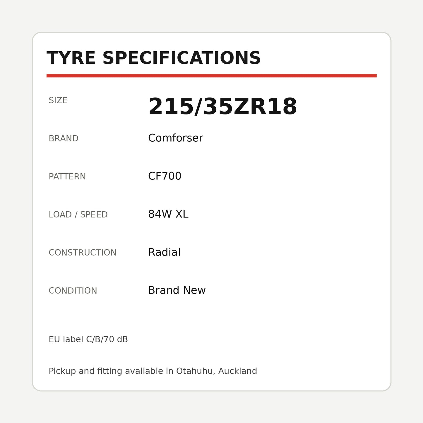 215/35ZR18 Comforser CF700 Tyre – 84W XL Zoom Tyres Otahuhu