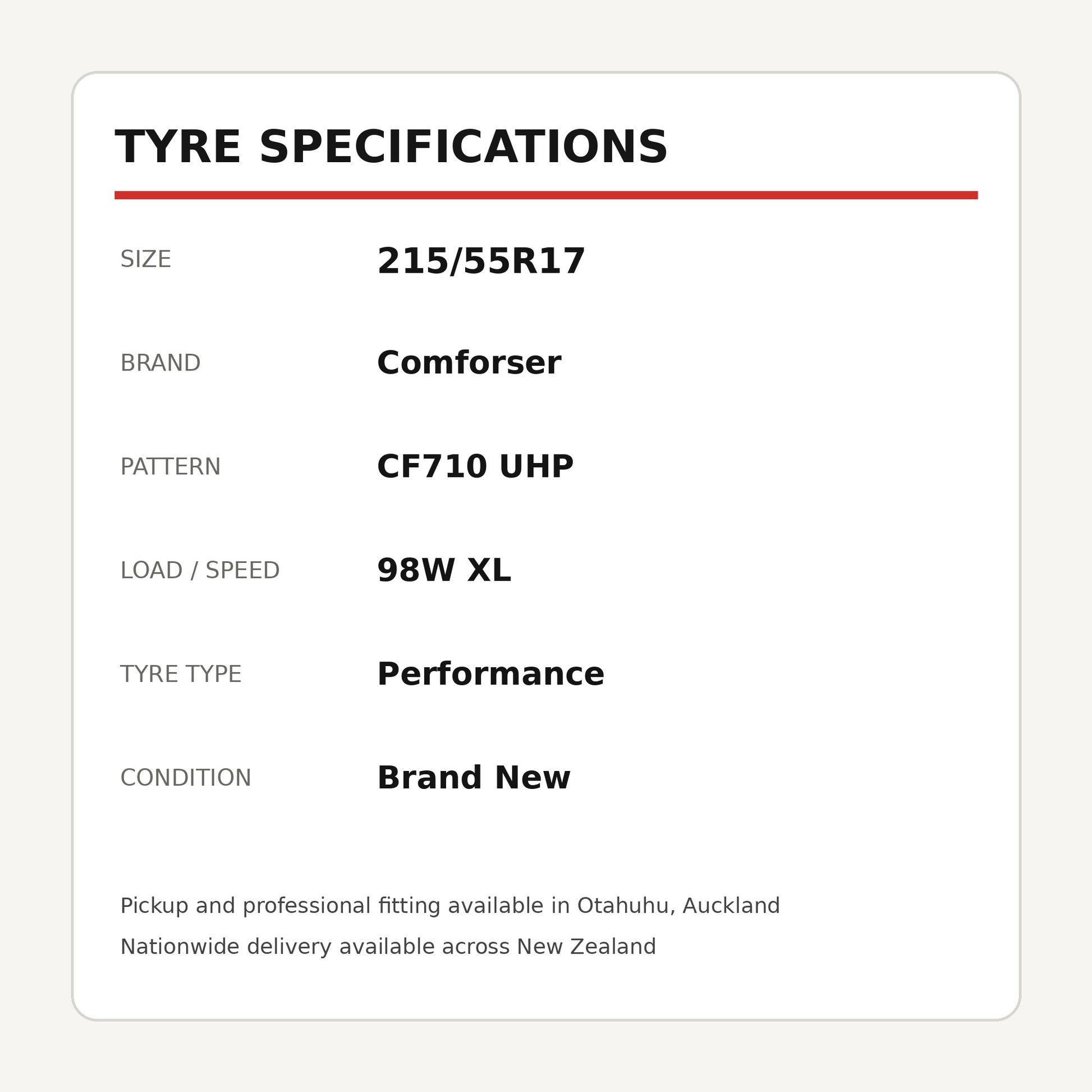 215/55R17 Comforser CF710 UHP Tyre 98W XL Zoom Tyres Otahuhu