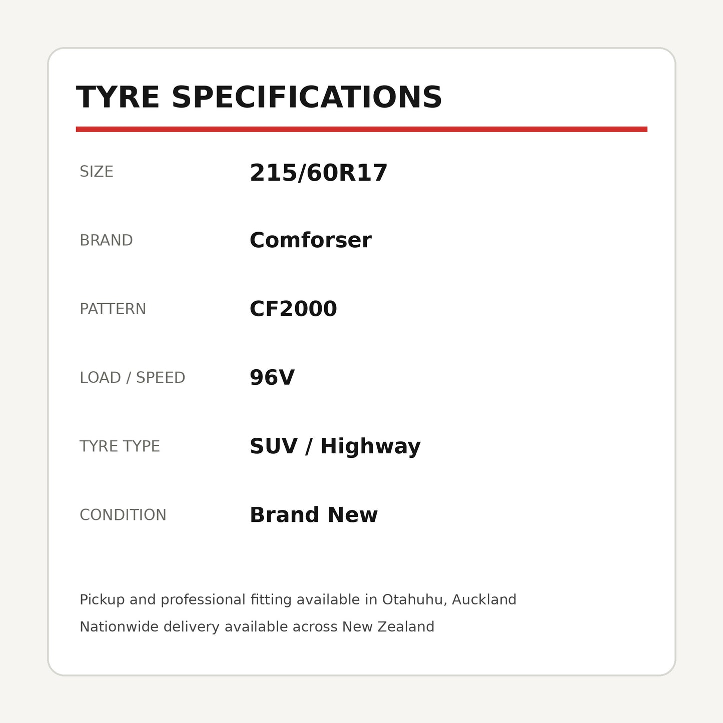 215/60R17 Comforser CF2000 H/T Tyre 96V Zoom Tyres Otahuhu