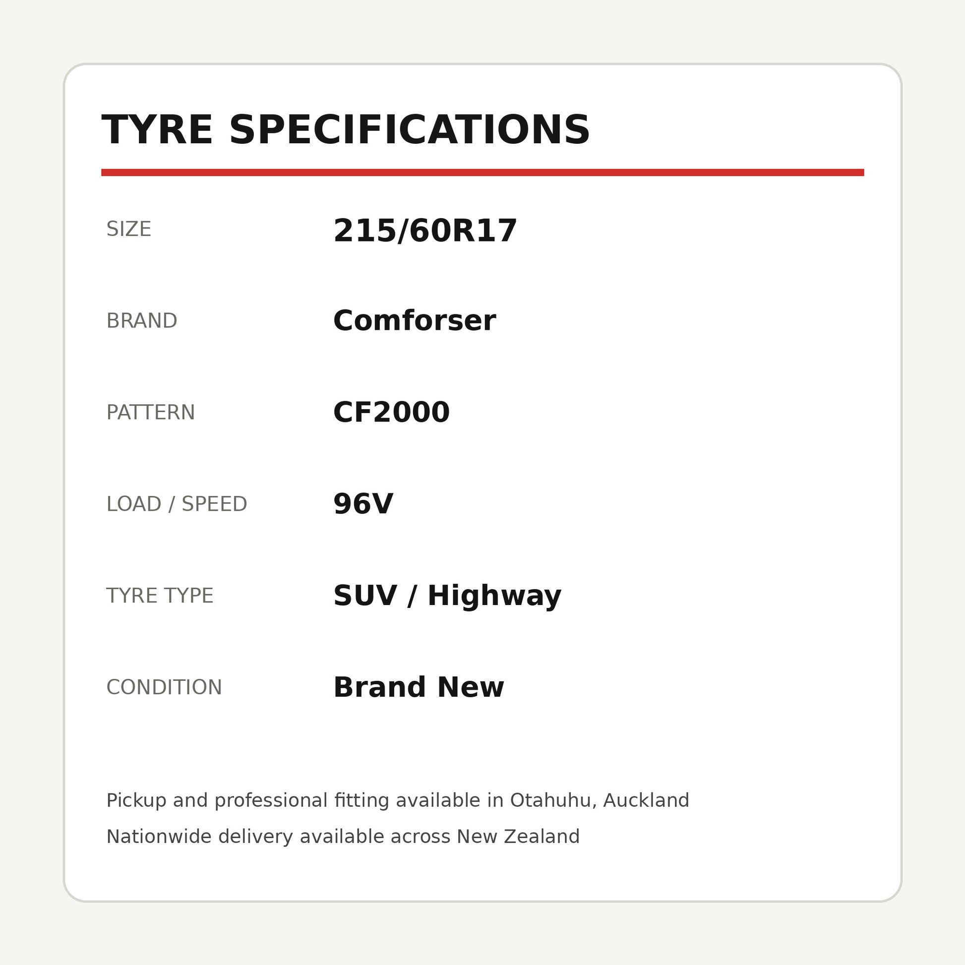 215/60R17 Comforser CF2000 H/T Tyre 96V Zoom Tyres Otahuhu