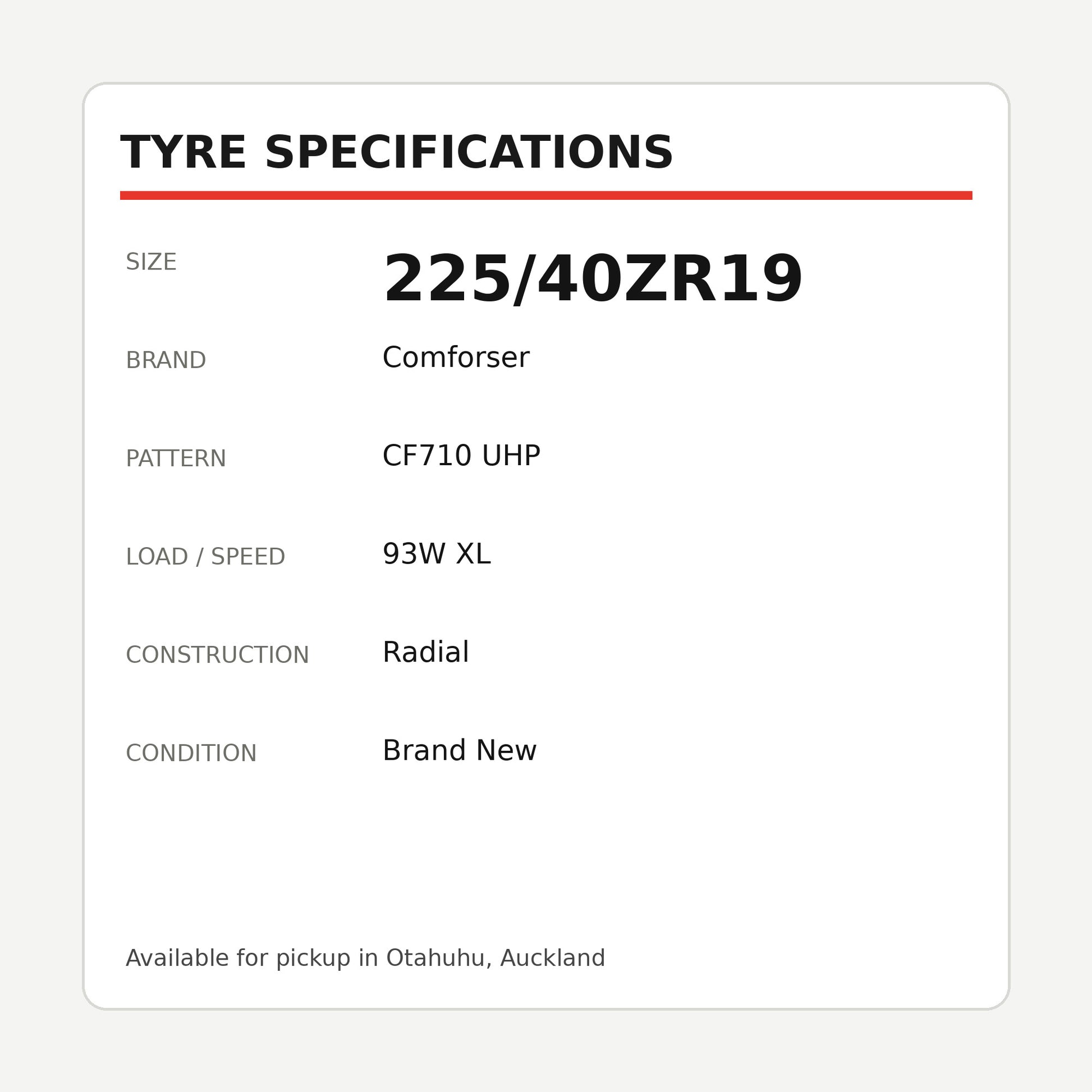 225/40ZR19 Comforser CF710 UHP Tyre 93W XL Zoom Tyres Otahuhu