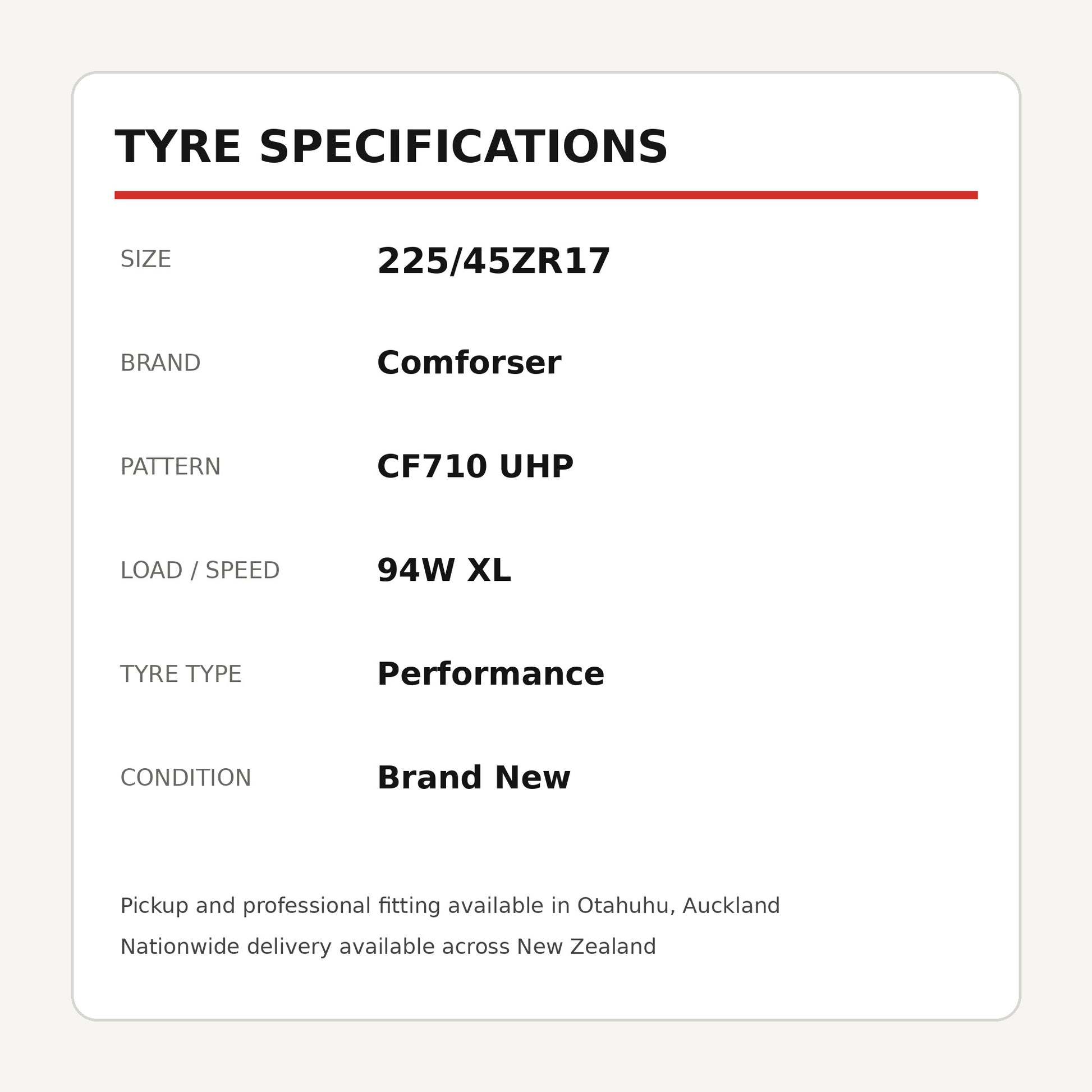 225/45ZR17 Comforser CF710 UHP Tyre 94W XL Zoom Tyres Otahuhu