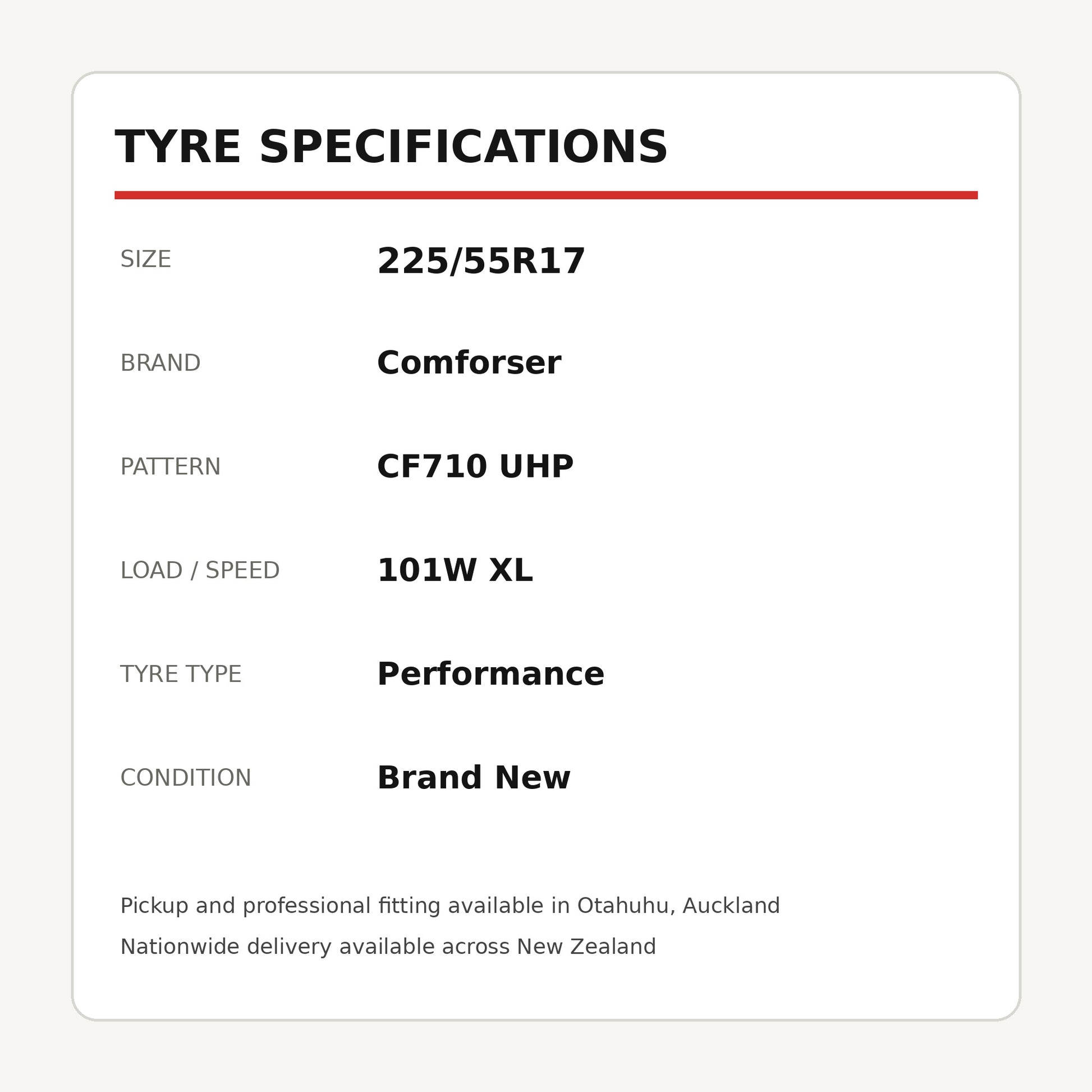225/55R17 Comforser CF710 UHP Tyre 101W XL Zoom Tyres Otahuhu
