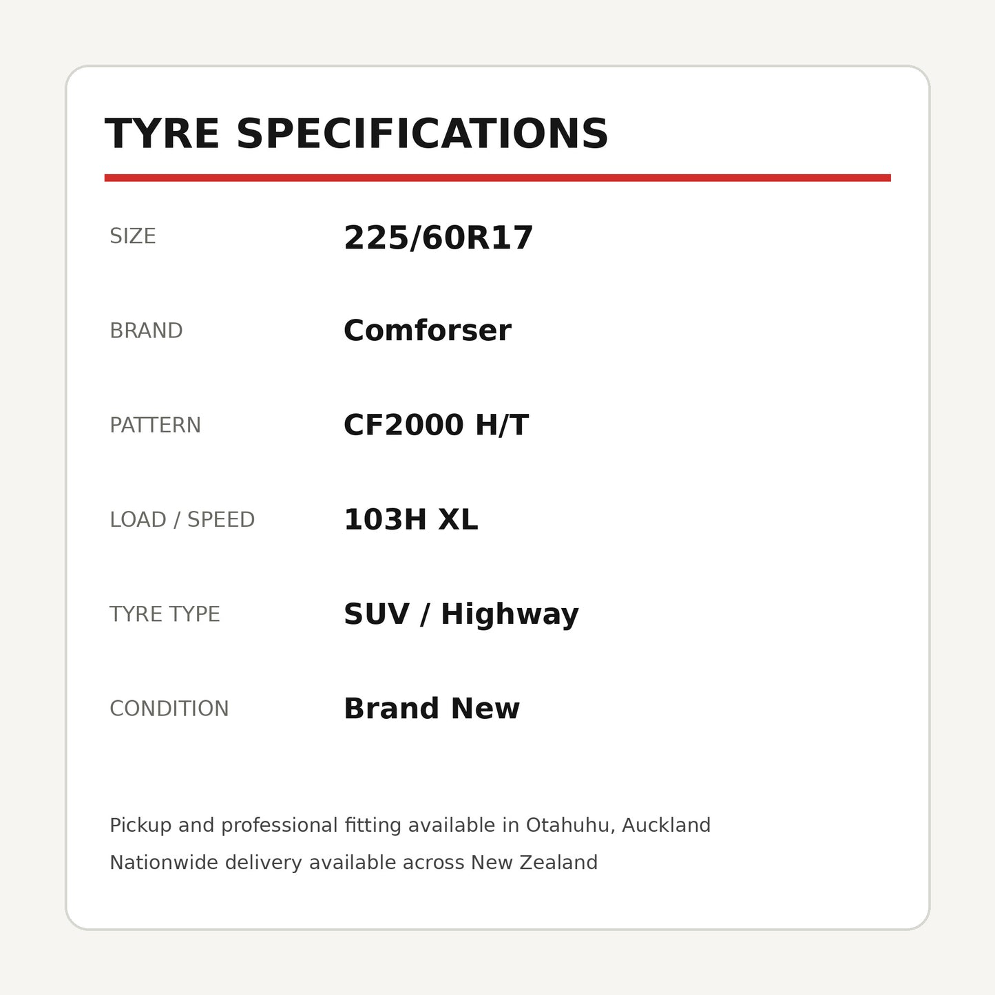 225/60R17 Comforser CF2000 H/T Tyre 103H XL Zoom Tyres Otahuhu