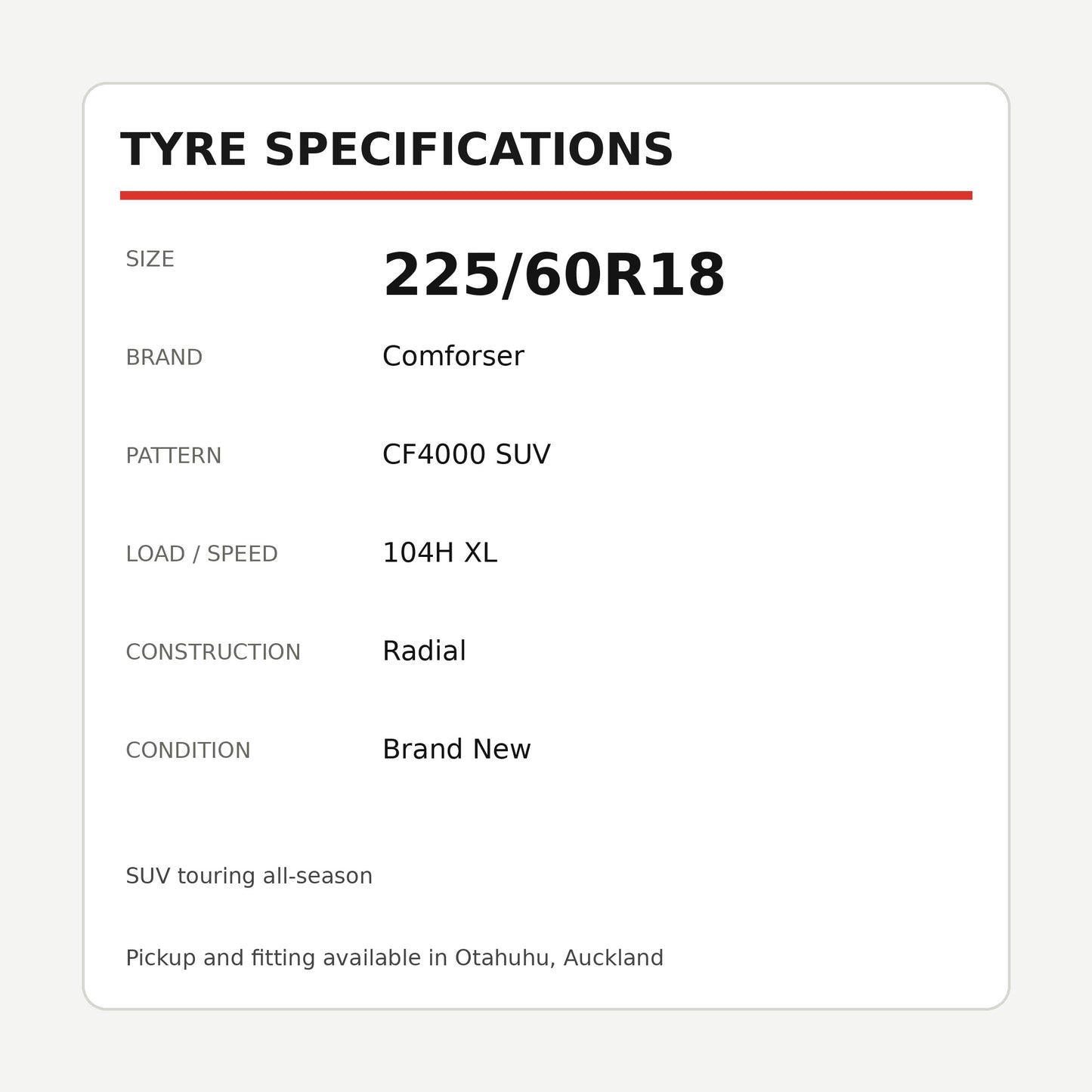 225/60R18 Comforser CF4000 SUV Tyre – 104H XL Zoom Tyres Otahuhu