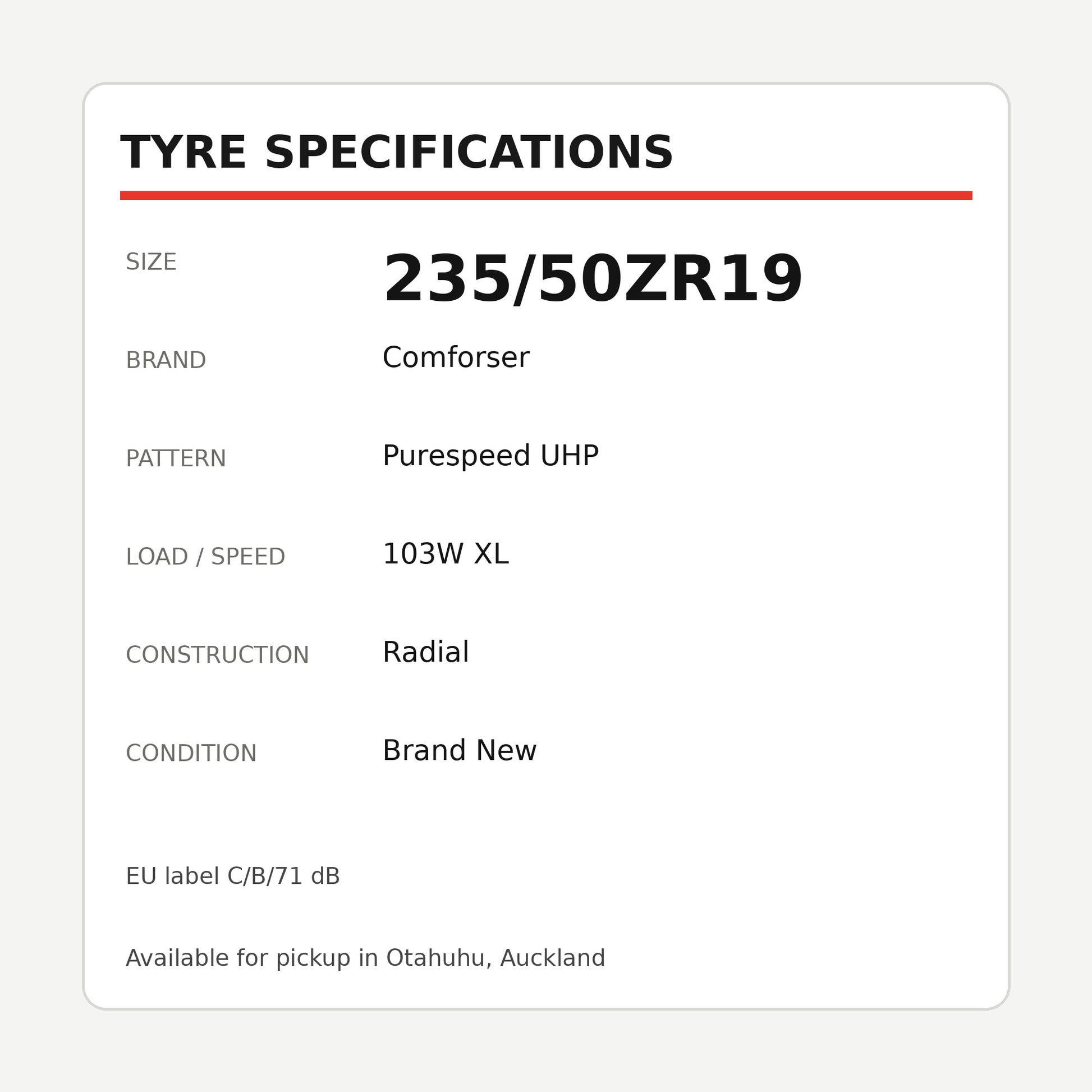 235/50ZR19 Comforser Purespeed UHP Tyre 103W XL Zoom Tyres Otahuhu