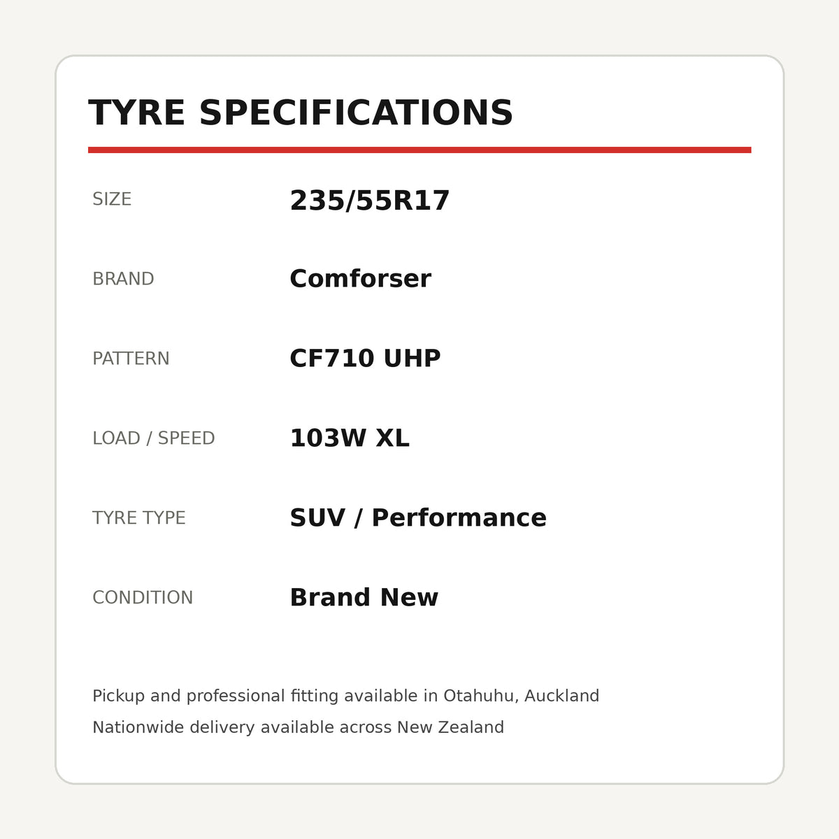 235/55R17 Comforser CF710 UHP Tyre 103W XL Zoom Tyres Otahuhu