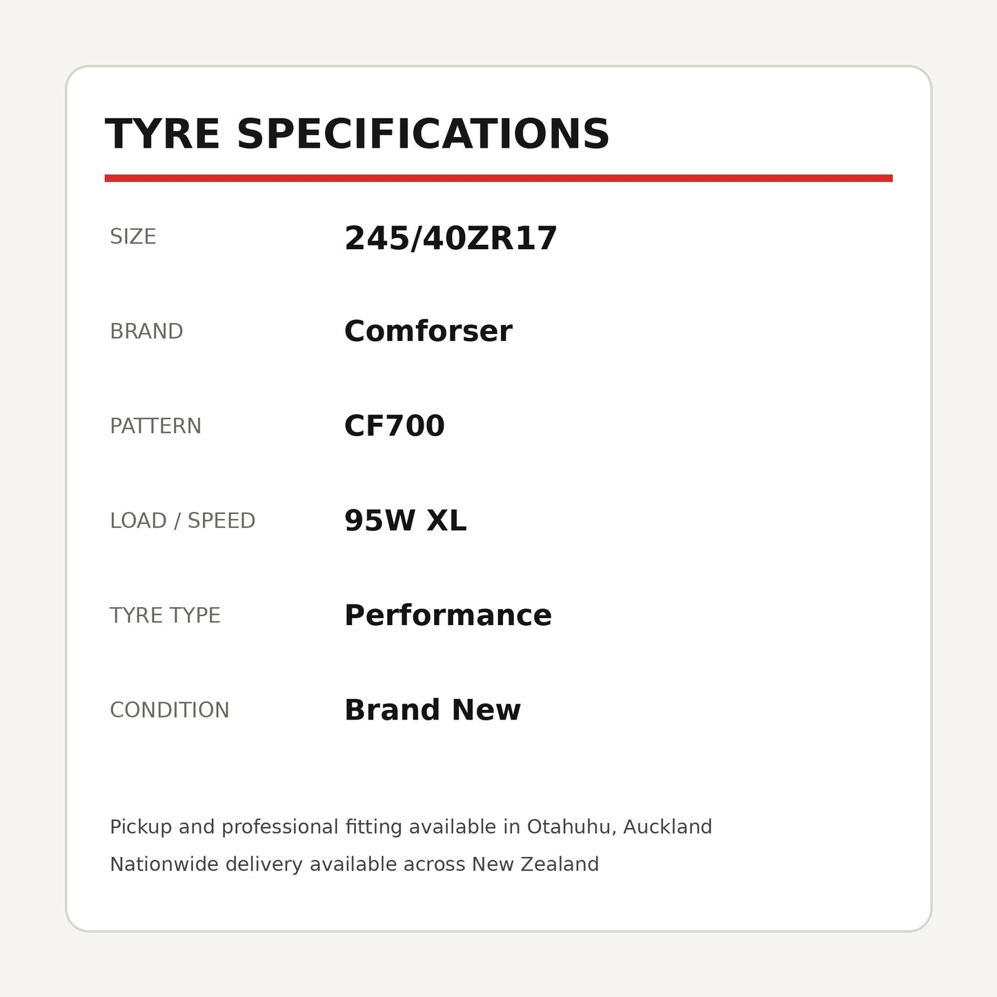 245/40ZR17 Comforser CF700 Tyre 95W XL Zoom Tyres Otahuhu