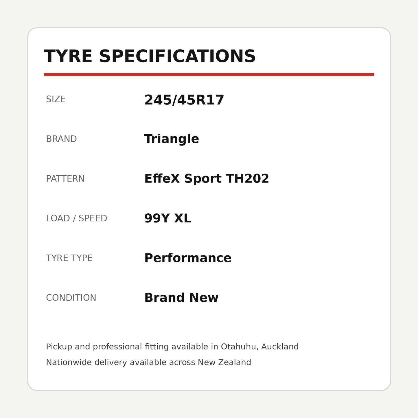 245/45R17 Triangle EffeX Sport TH202 Tyre 99Y XL Zoom Tyres Otahuhu