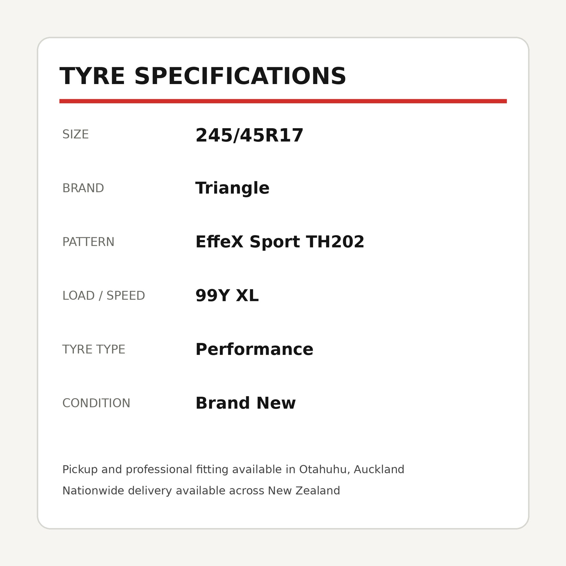 245/45R17 Triangle EffeX Sport TH202 Tyre 99Y XL Zoom Tyres Otahuhu