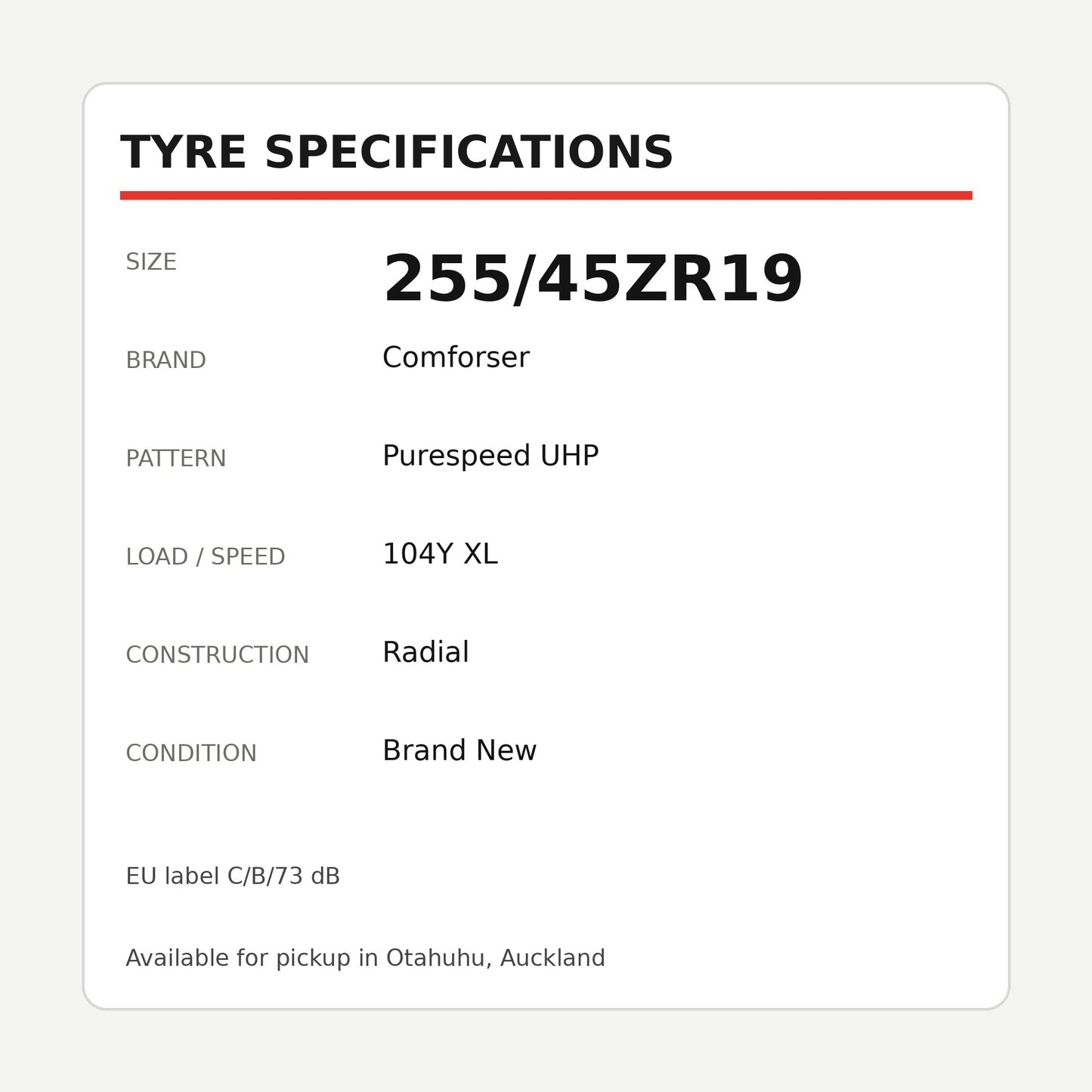 255/45ZR19 Comforser Purespeed UHP Tyre 104Y XL Zoom Tyres Otahuhu