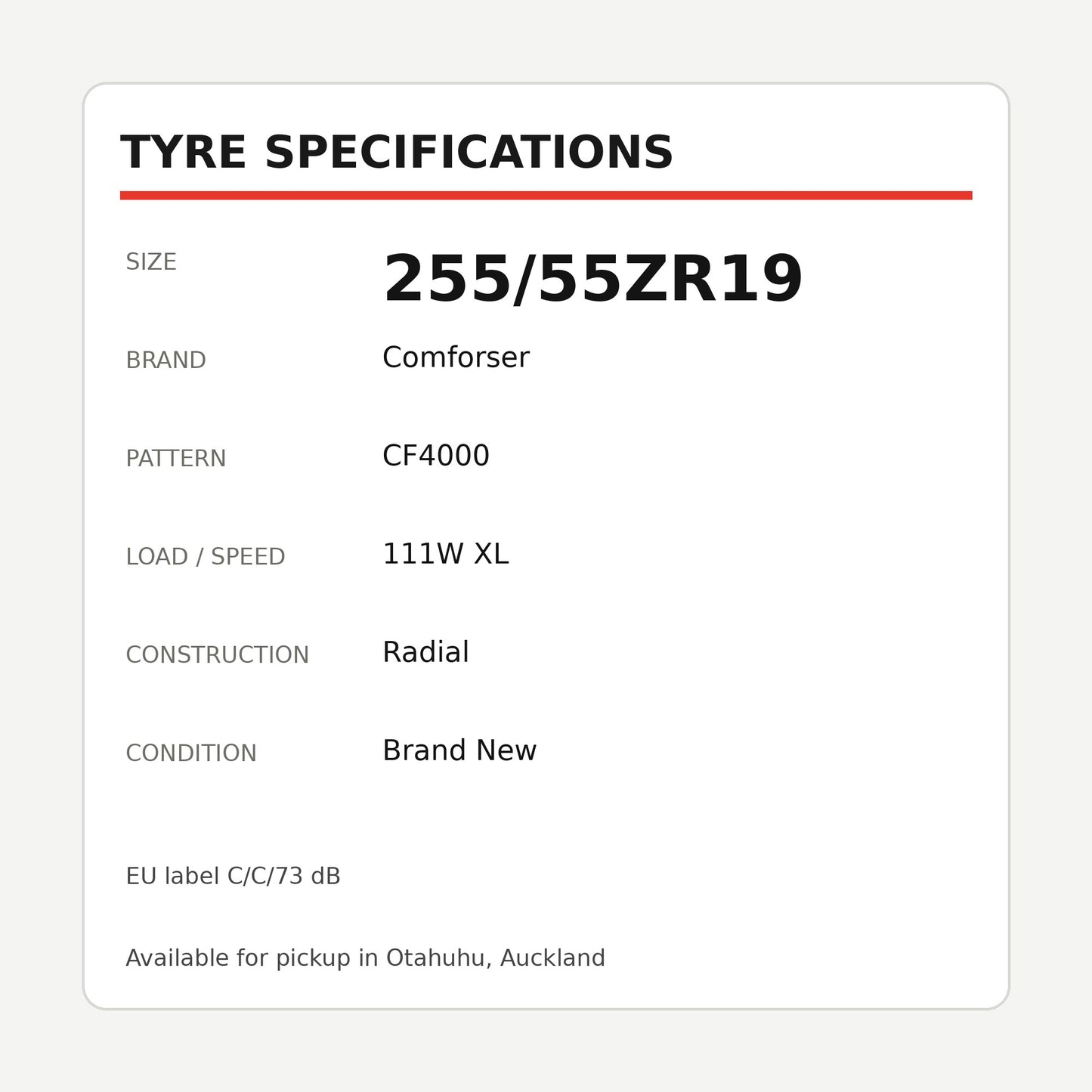 255/55ZR19 Comforser CF4000 Tyre 111W XL Zoom Tyres Otahuhu