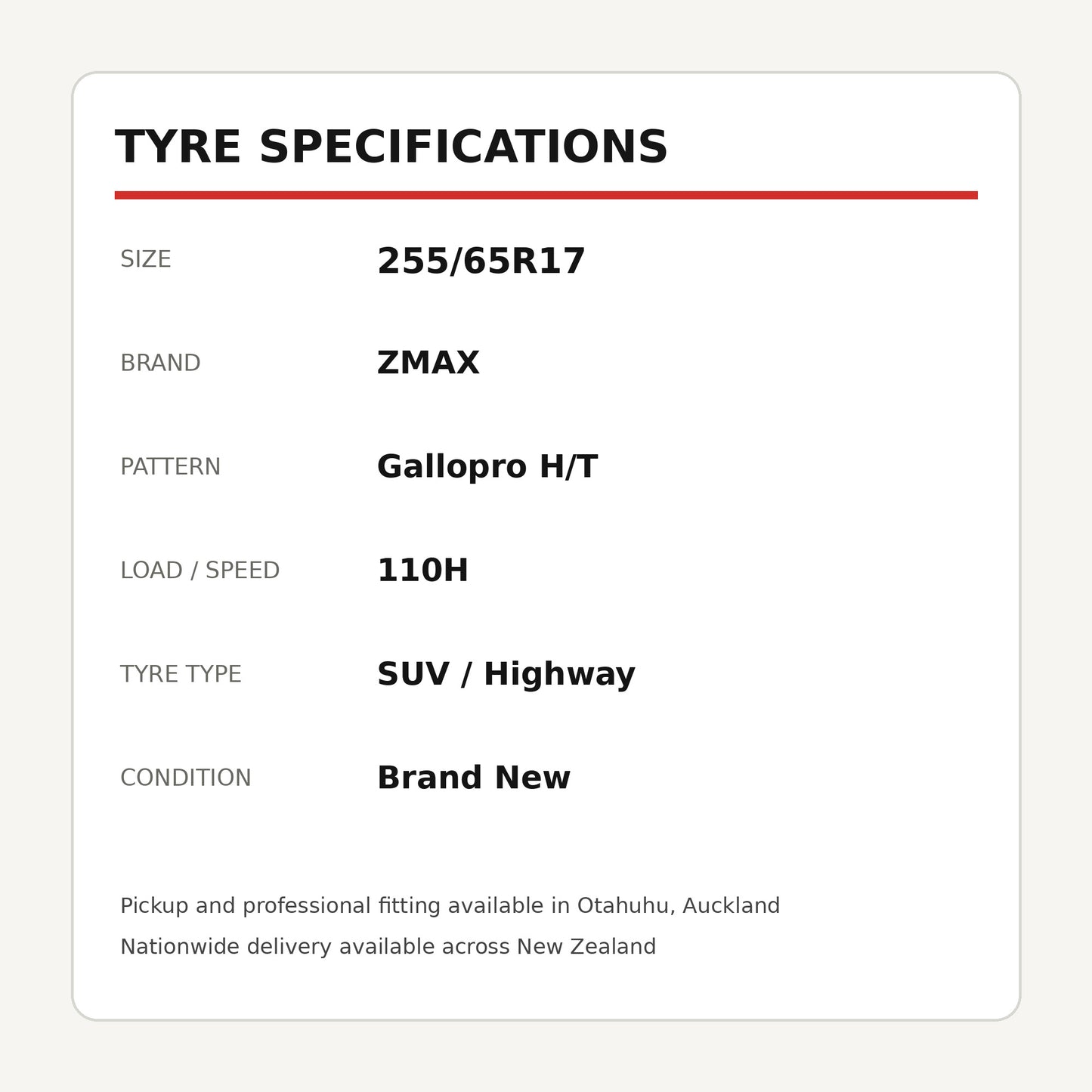 255/65R17 ZMAX Gallopro H/T Tyre 110H Zoom Tyres Otahuhu
