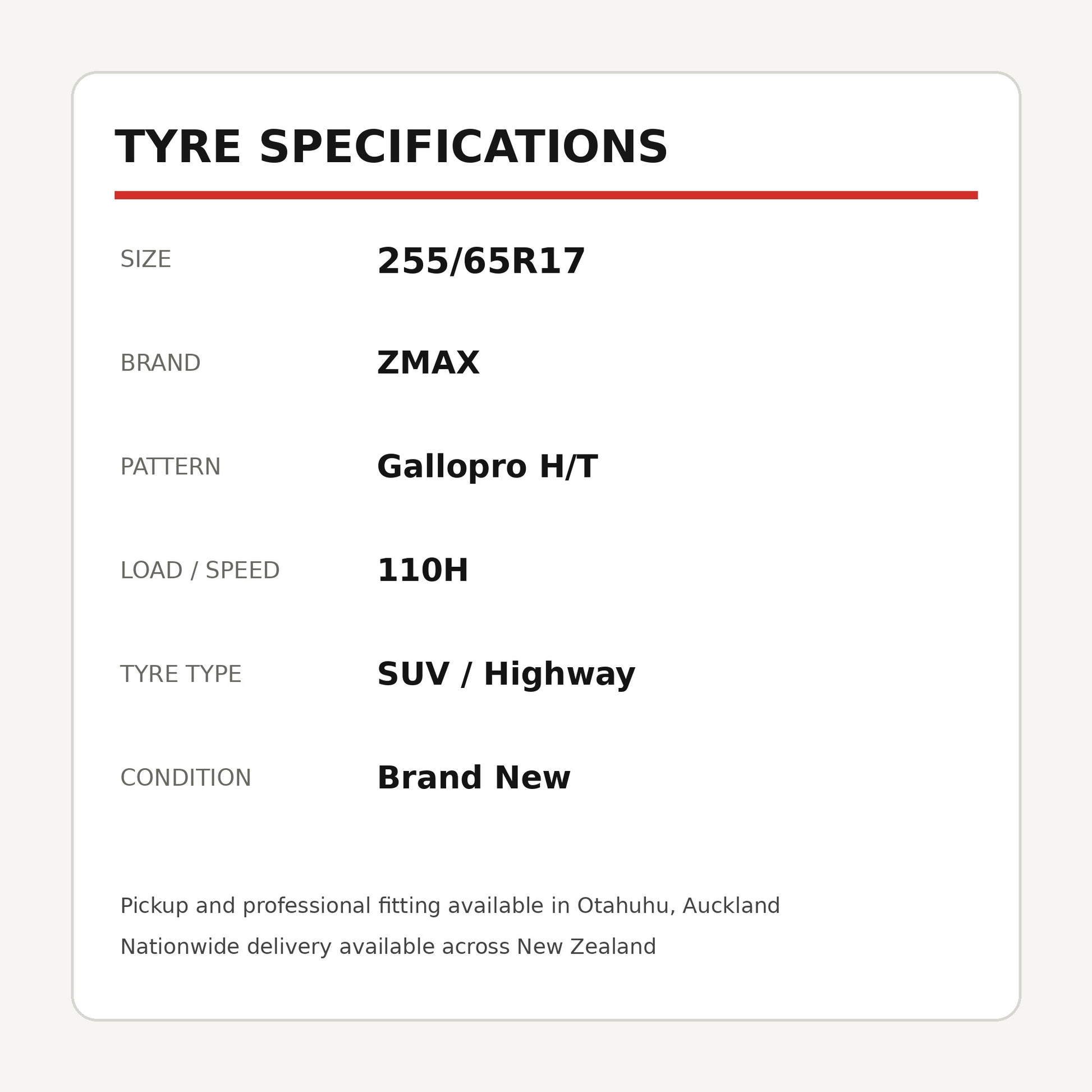 255/65R17 ZMAX Gallopro H/T Tyre 110H Zoom Tyres Otahuhu