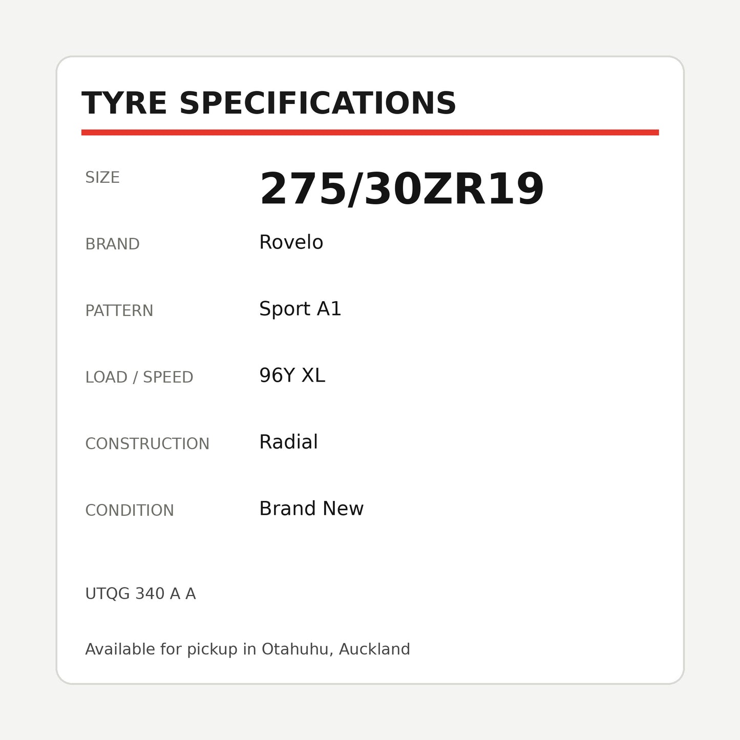 275/30ZR19 Rovelo Sport A1 Tyre 96Y XL Zoom Tyres Otahuhu