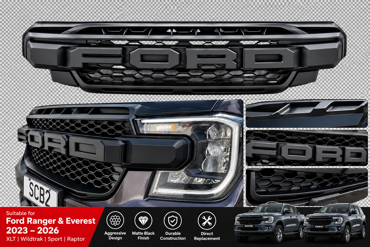 Front Grille with Letters - Suitable for Ford Ranger & Everest 2023–2026 XLT Wildtrak Sport Raptor | Matte Black Zoom Tyres Otahuhu