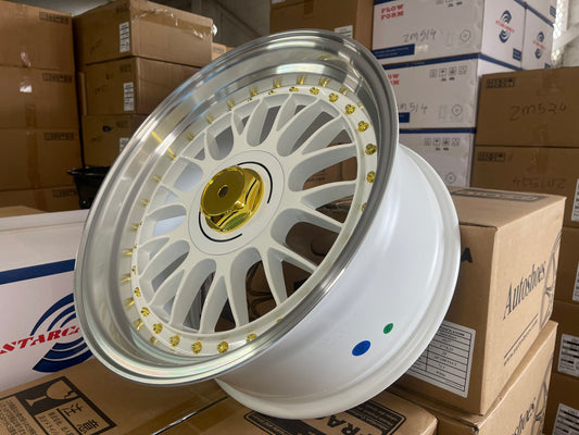 17x8.5 White Alloy Wheels 4x100 / 5x100 ET20 Gold Rivets – Set of 4